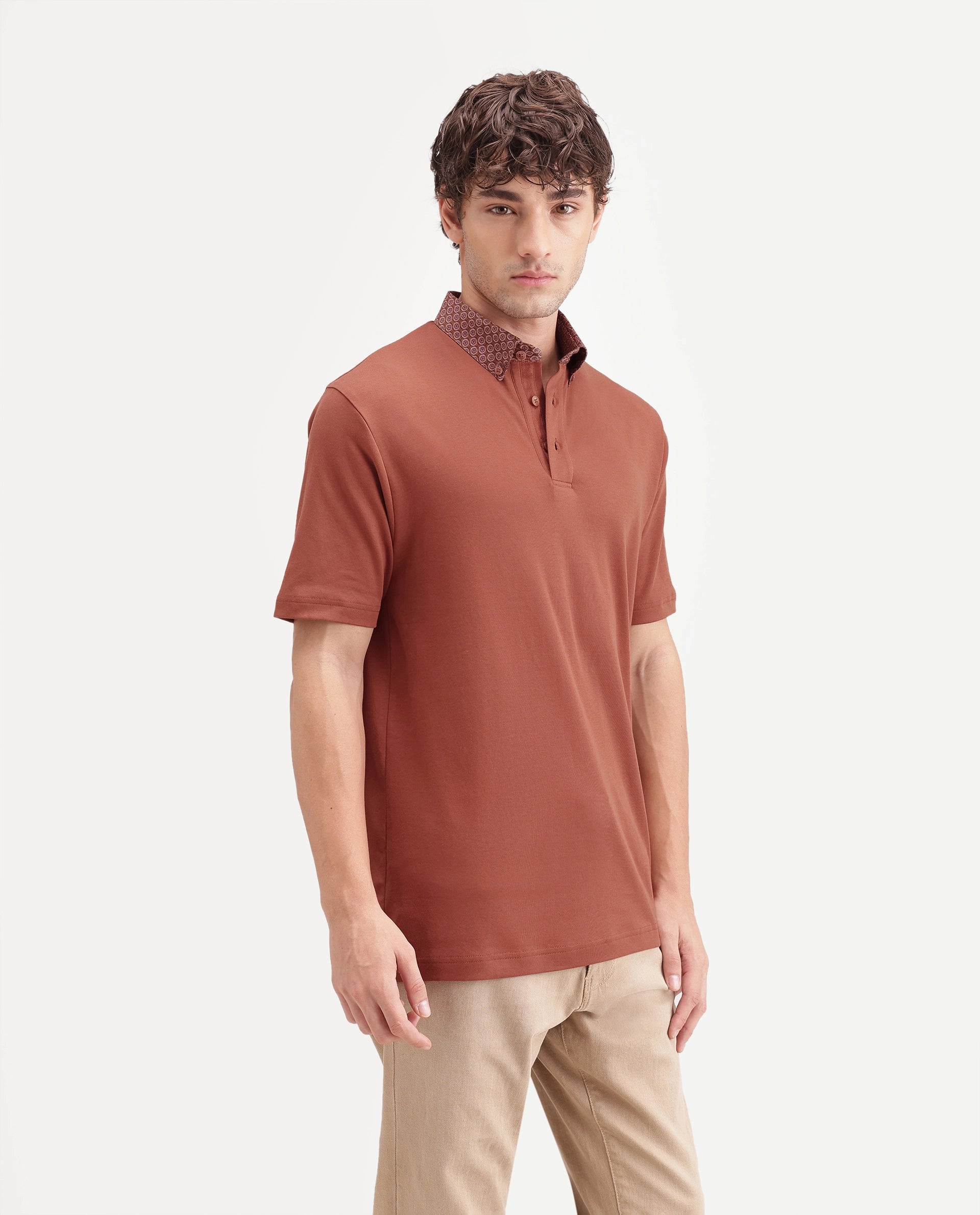 Rare Rabbit Men's Ringer-A26 Rust Cotton Spread Collar Regular Plain Polo