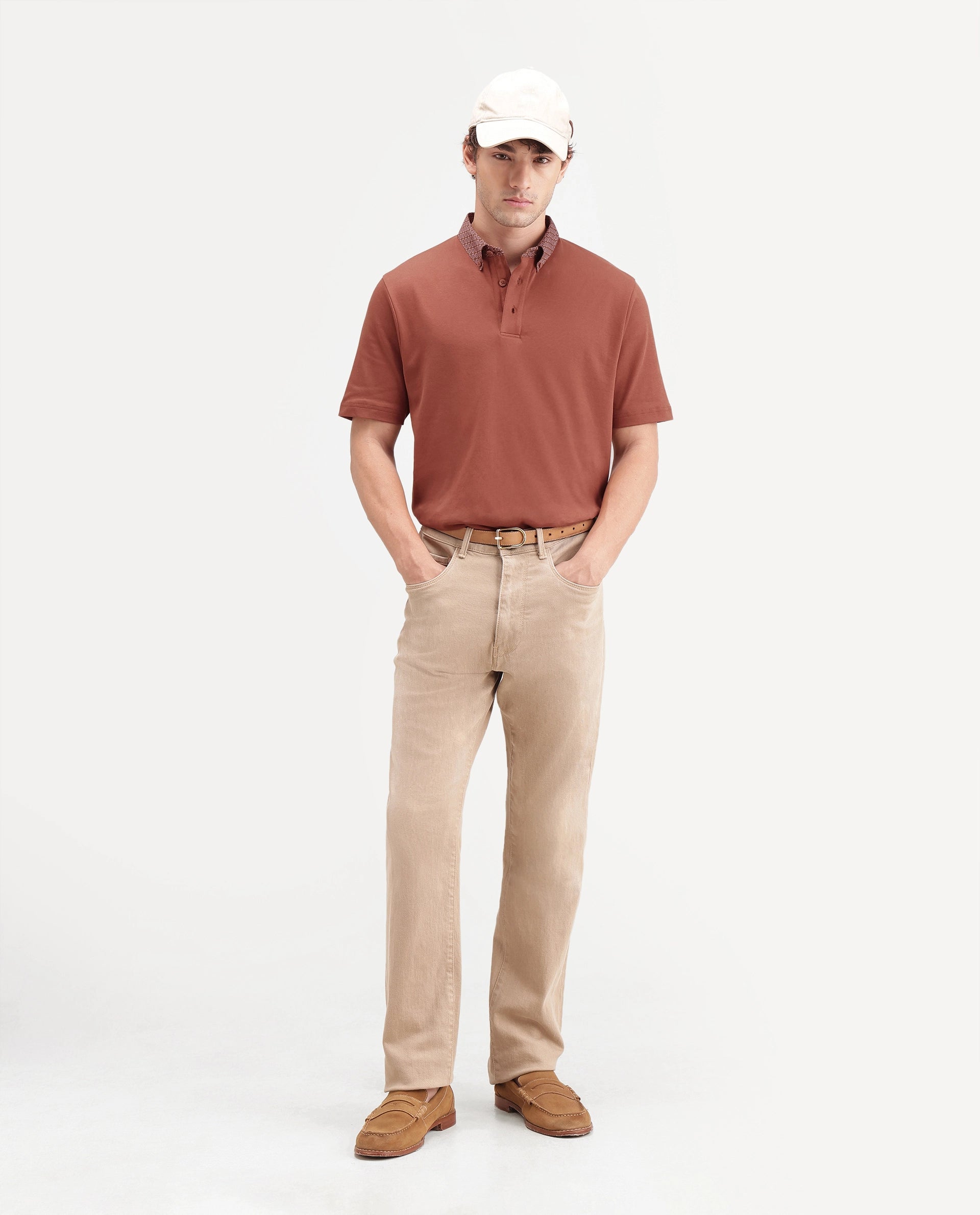 Rare Rabbit Men's Ringer-A26 Rust Cotton Spread Collar Regular Plain Polo