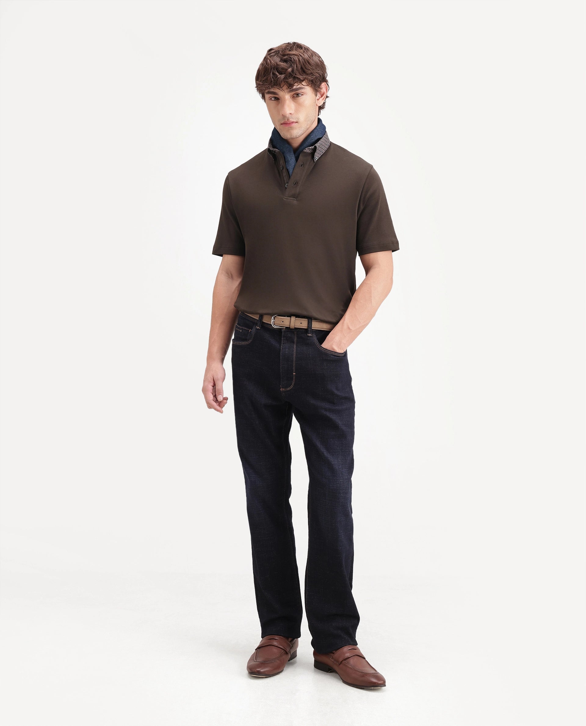 Rare Rabbit Men's Ringer-A26 Dark Brown Cotton Spread Collar Regular Plain Polo