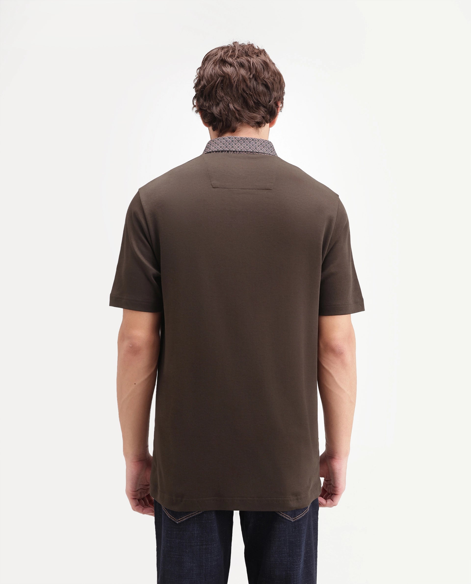 Rare Rabbit Men's Ringer-A26 Dark Brown Cotton Spread Collar Regular Plain Polo
