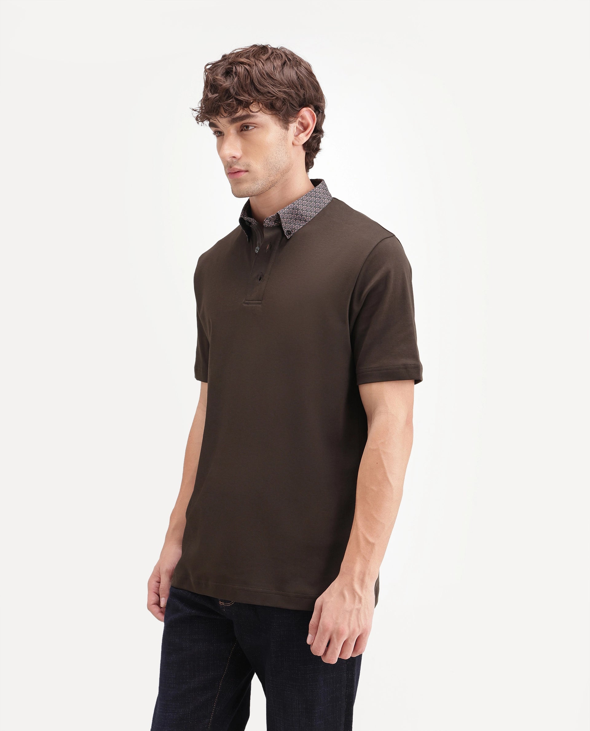 Rare Rabbit Men's Ringer-A26 Dark Brown Cotton Spread Collar Regular Plain Polo