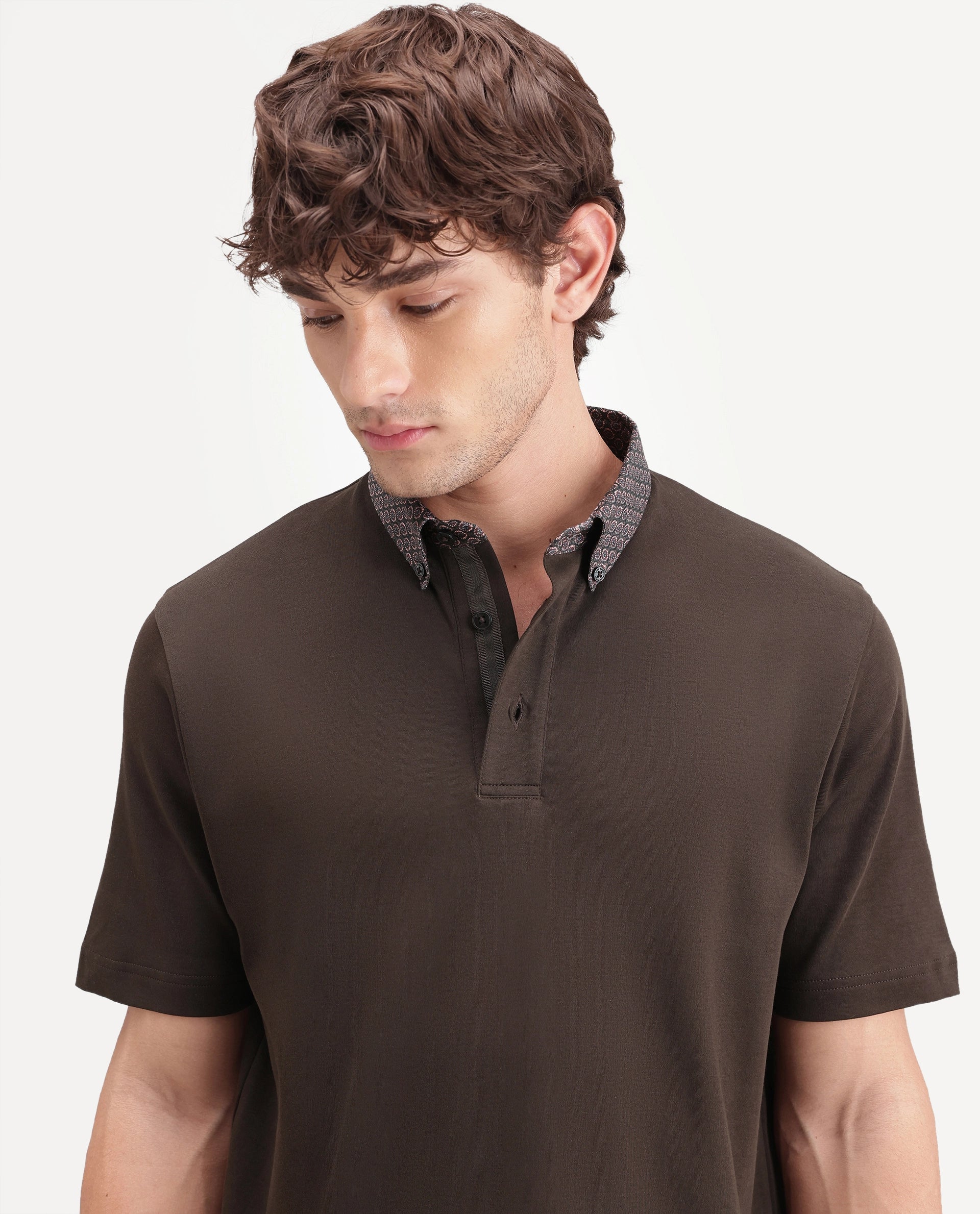 Rare Rabbit Men's Ringer-A26 Dark Brown Cotton Spread Collar Regular Plain Polo