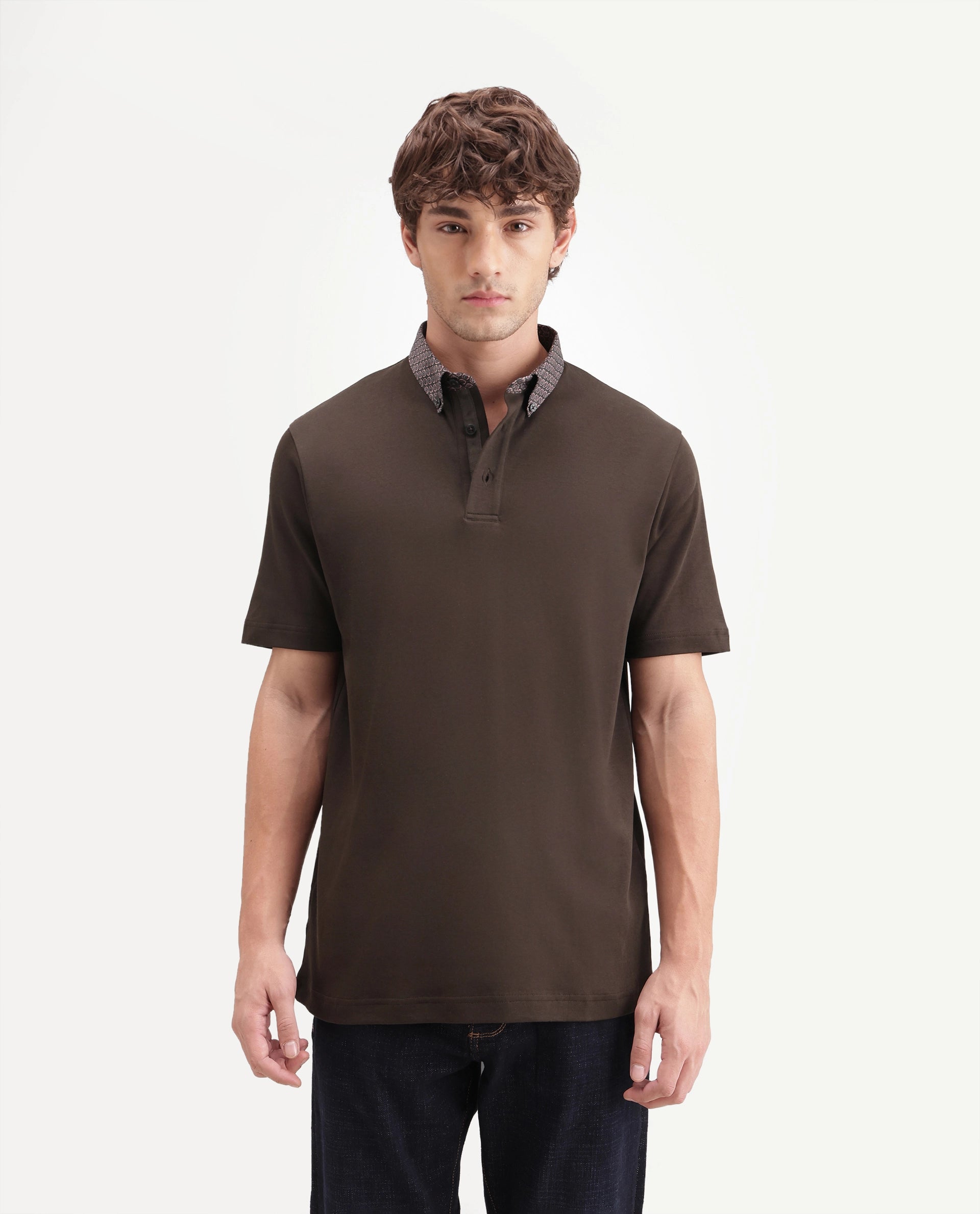 Rare Rabbit Men's Ringer-A26 Dark Brown Cotton Spread Collar Regular Plain Polo
