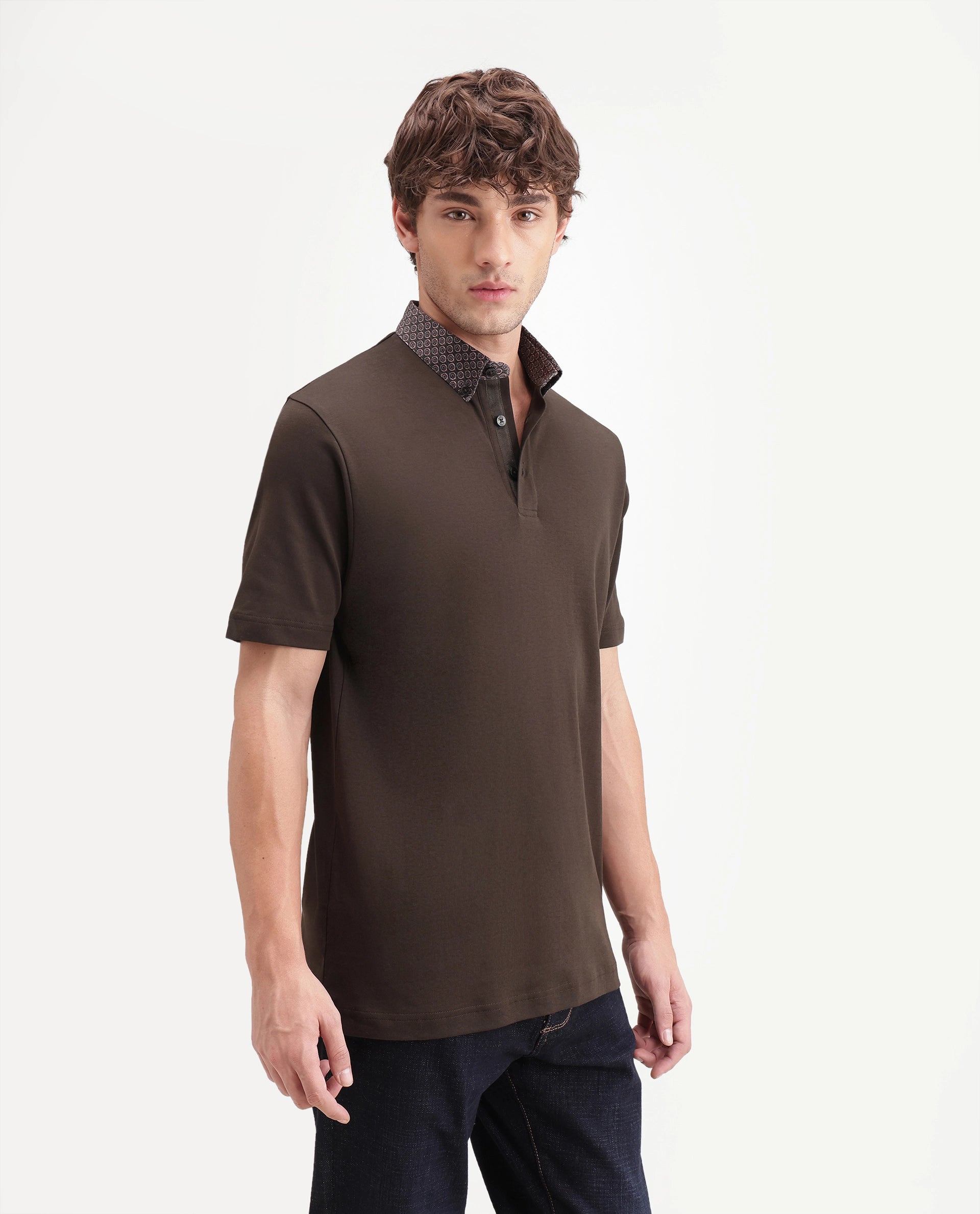 Rare Rabbit Men's Ringer-A26 Dark Brown Cotton Spread Collar Regular Plain Polo