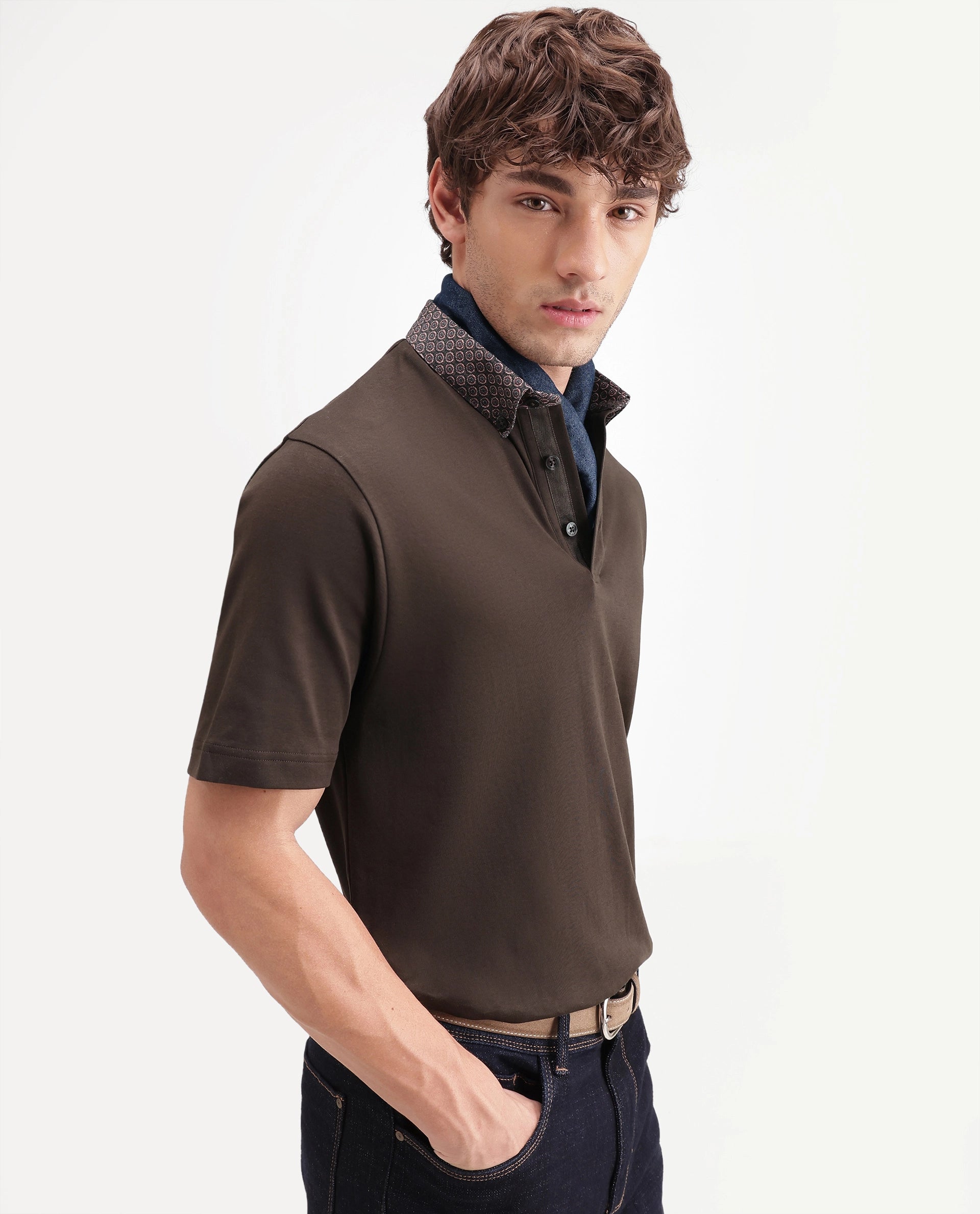 Rare Rabbit Men's Ringer-A26 Dark Brown Cotton Spread Collar Regular Plain Polo