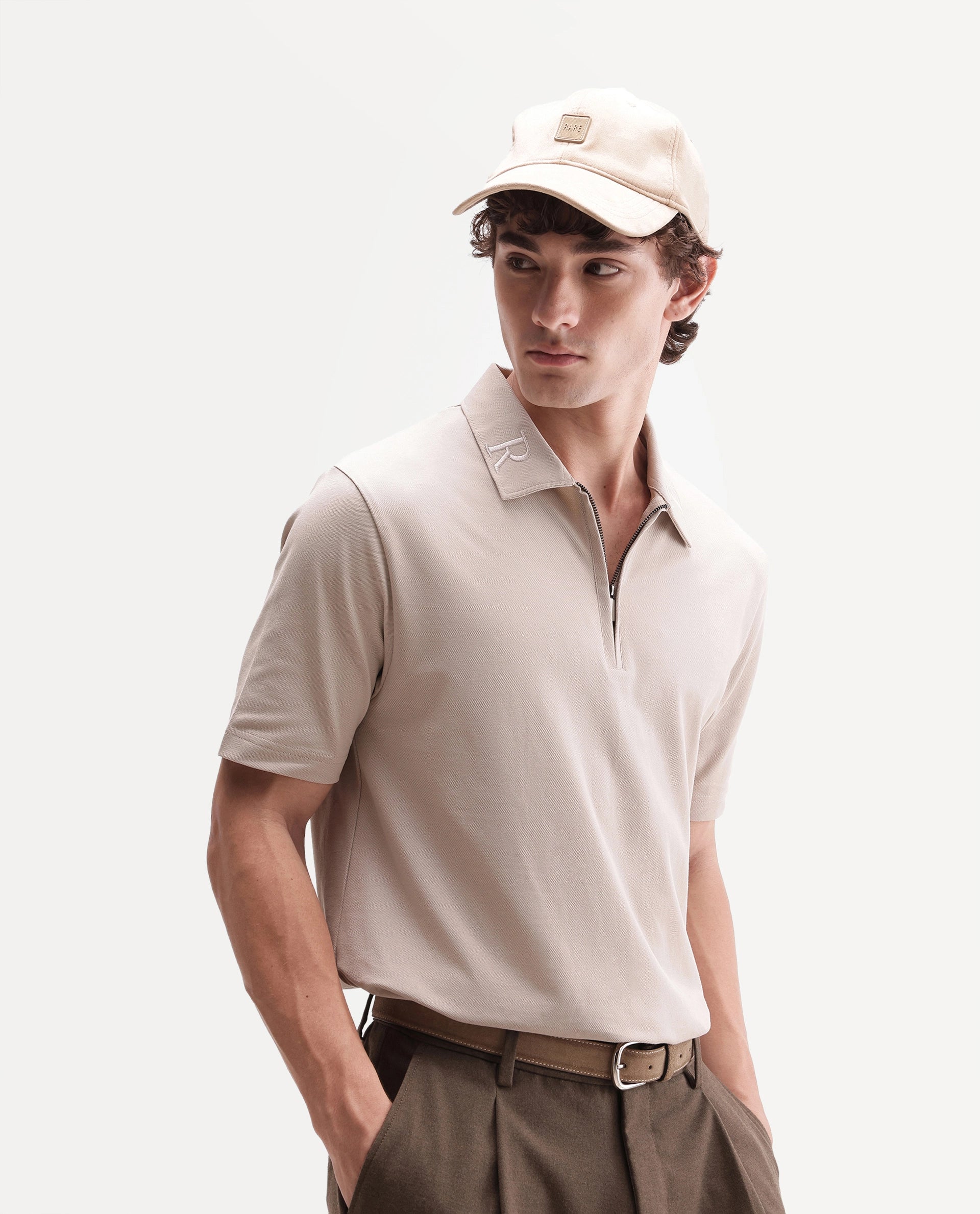 Rare Rabbit Men's Thero-A26 Primary Beige Cotton Blend Spread Collar Regular Plain Polo