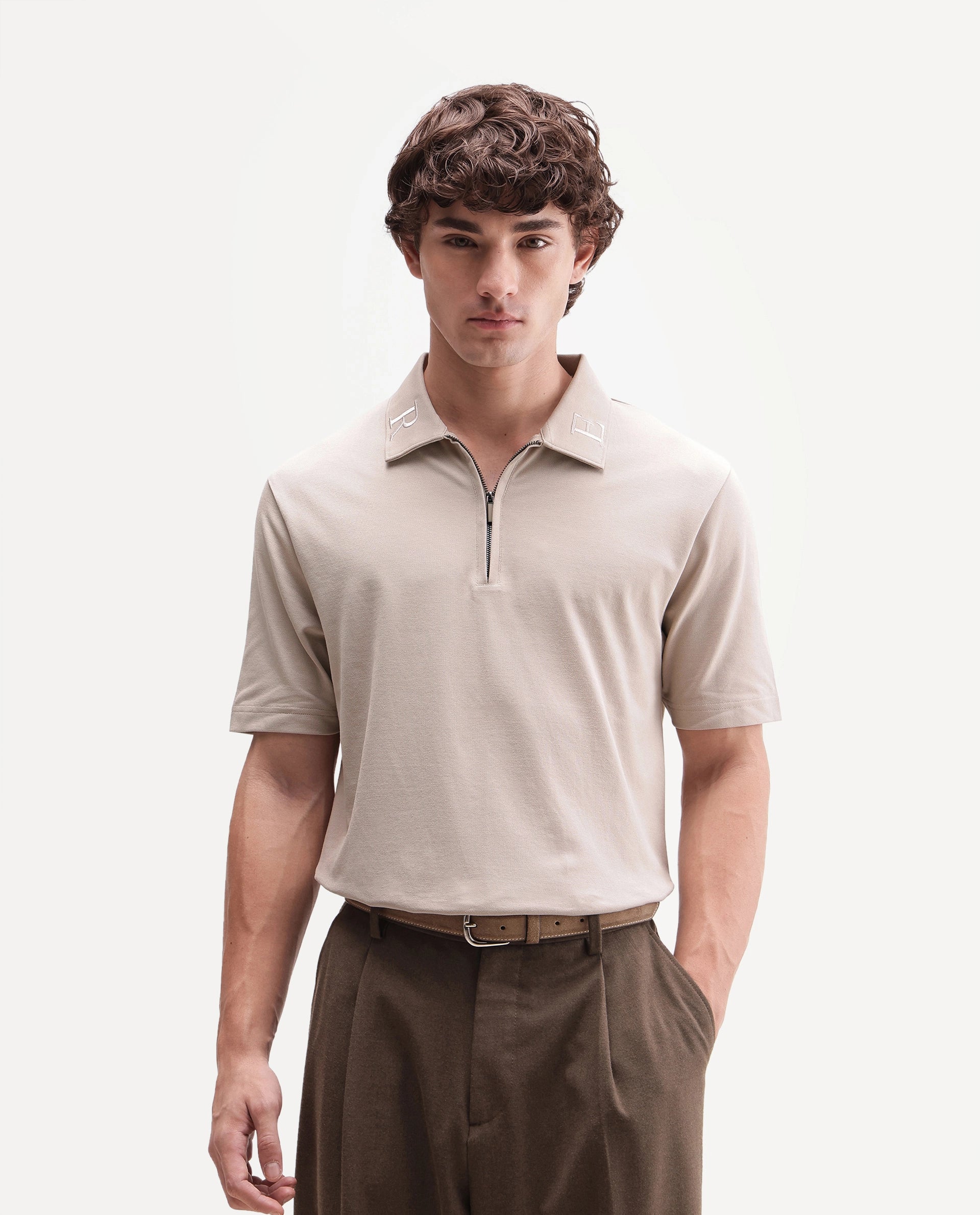 Rare Rabbit Men's Thero-A26 Primary Beige Cotton Blend Spread Collar Regular Plain Polo