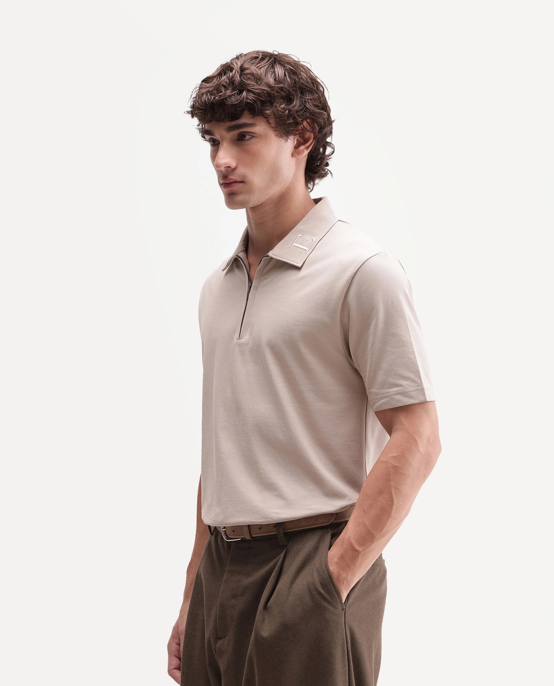 Rare Rabbit Men's Thero-A26 Primary Beige Cotton Blend Spread Collar Regular Plain Polo