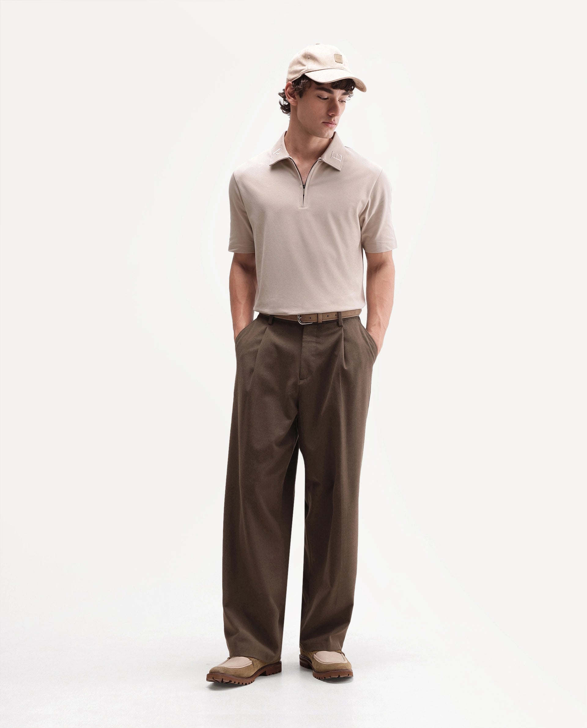 Rare Rabbit Men's Thero-A26 Primary Beige Cotton Blend Spread Collar Regular Plain Polo