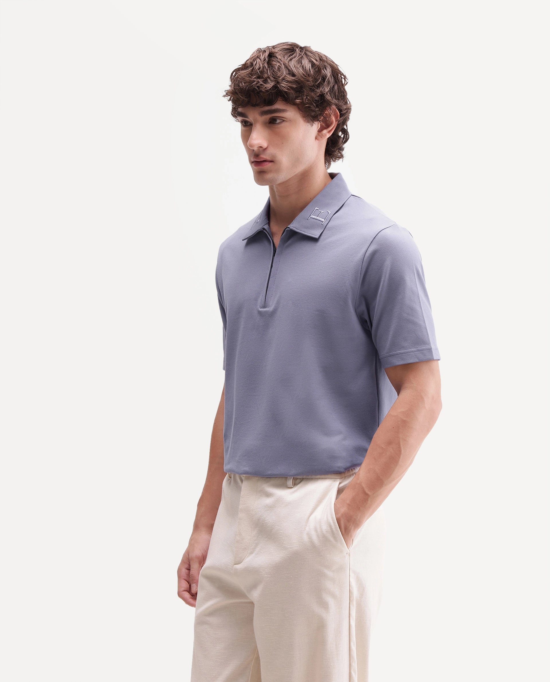 Rare Rabbit Men's Thero-A26 Dusky Purple Cotton Blend Spread Collar Regular Plain Polo