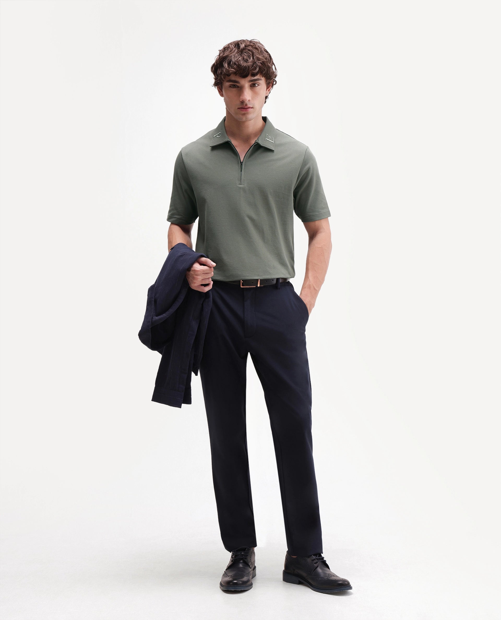 Rare Rabbit Men's Thero-A26 Dusky Green Cotton Blend Spread Collar Regular Plain Polo
