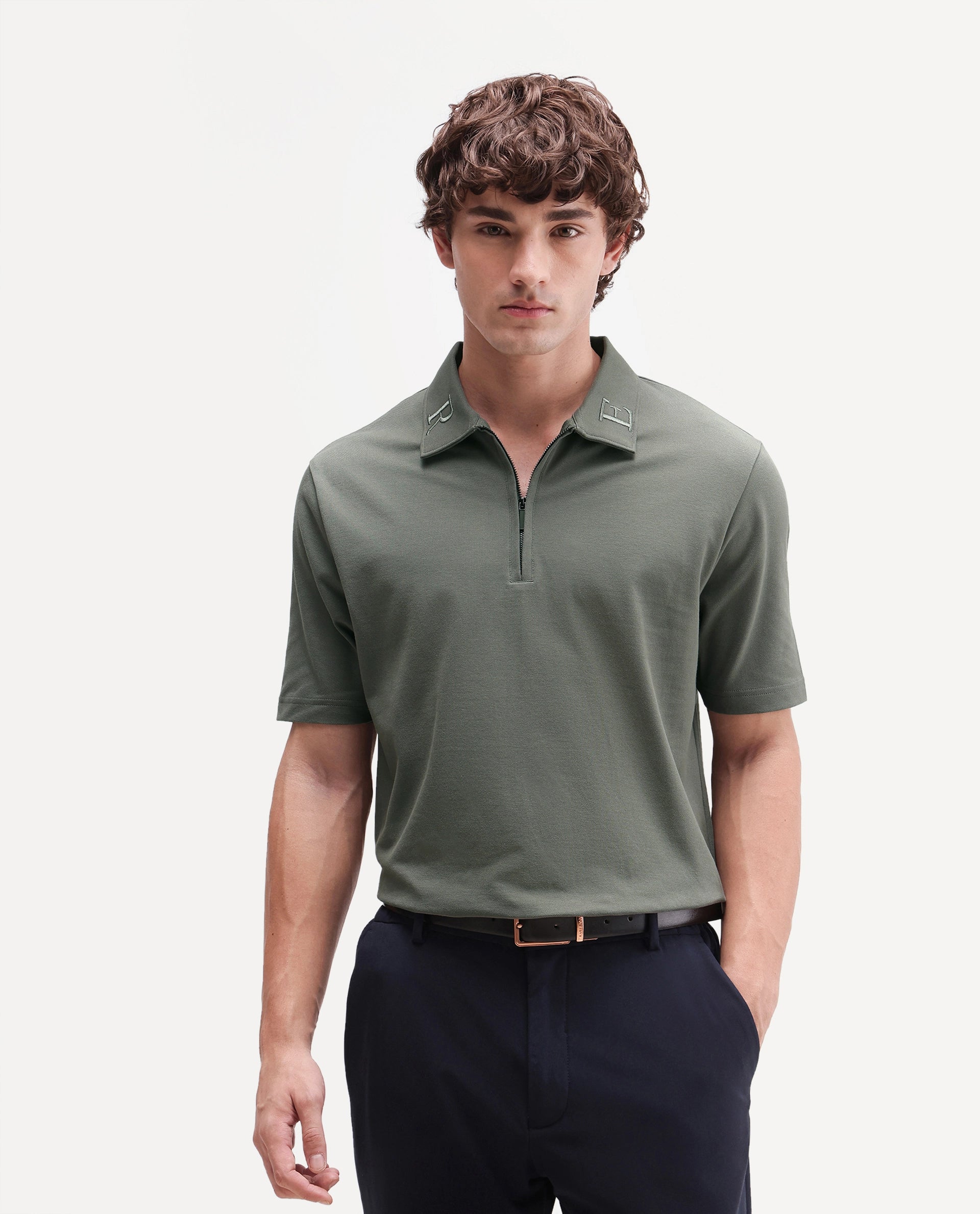 Rare Rabbit Men's Thero-A26 Dusky Green Cotton Blend Spread Collar Regular Plain Polo