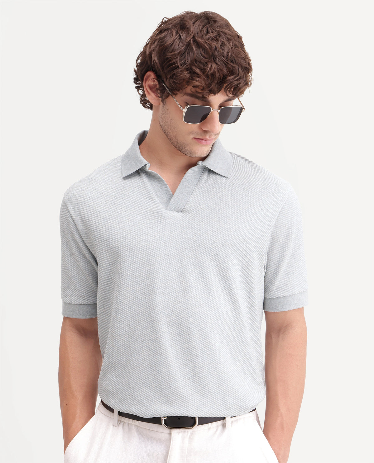 Rare Rabbit Men's Digi-A26 Pastel Blue Cotton Blend Johnny Collar Regular Jacquard Polo