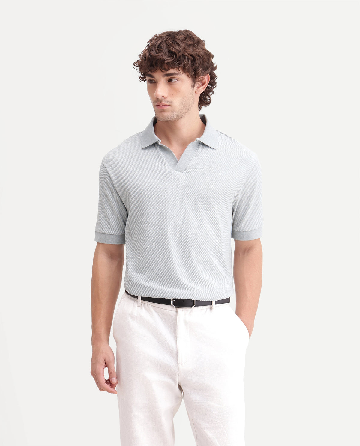 Rare Rabbit Men's Digi-A26 Pastel Blue Cotton Blend Johnny Collar Regular Jacquard Polo