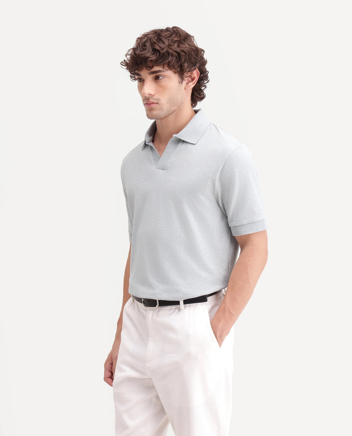 Rare Rabbit Men's Digi-A26 Pastel Blue Cotton Blend Johnny Collar Regular Jacquard Polo