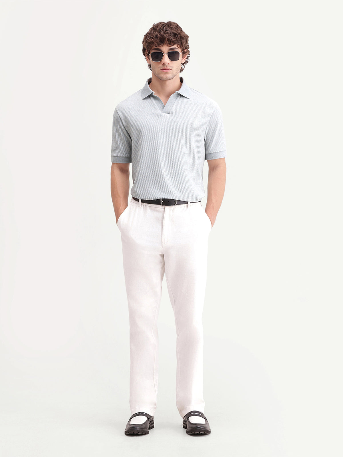 Rare Rabbit Men's Digi-A26 Pastel Blue Cotton Blend Johnny Collar Regular Jacquard Polo