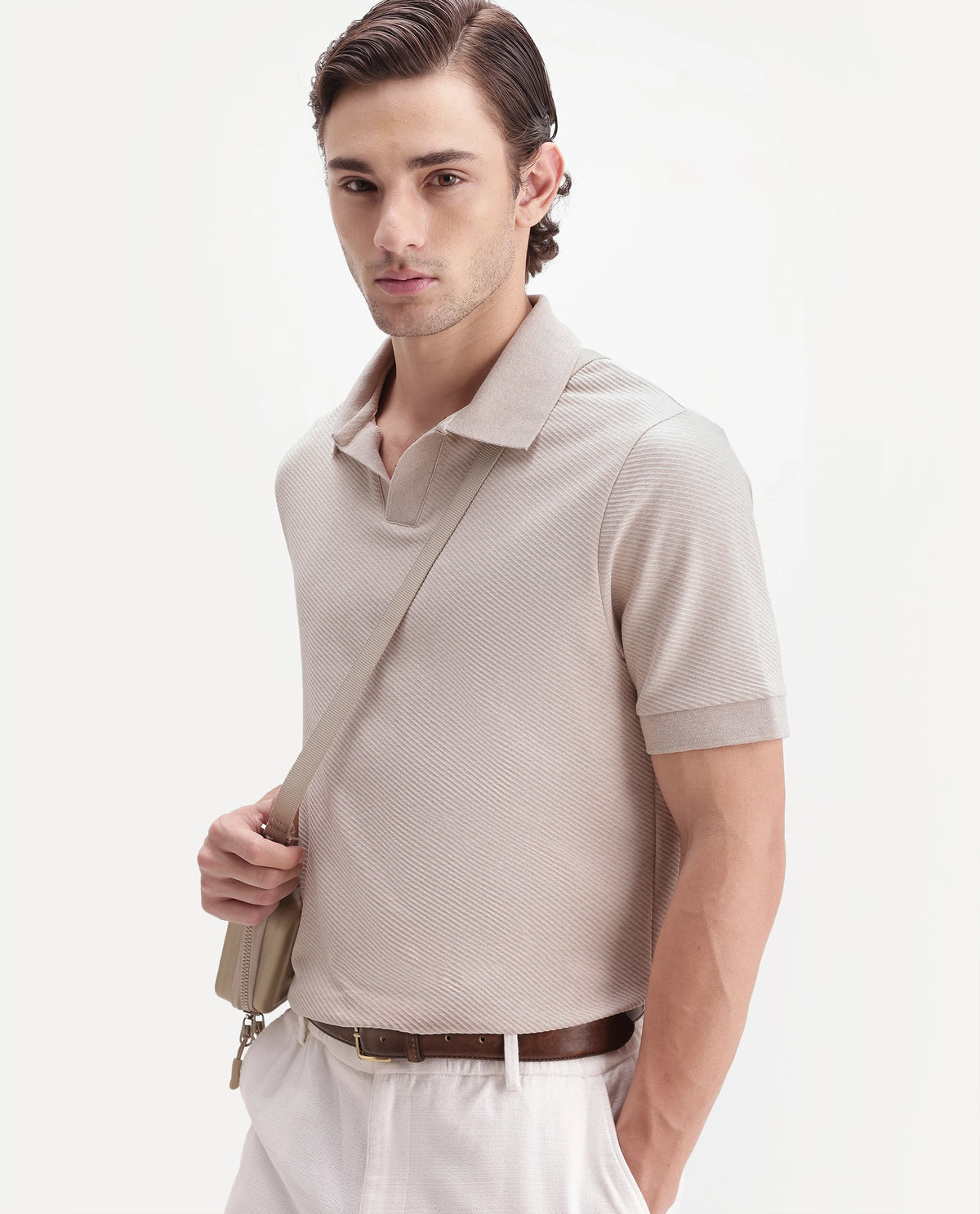 Rare Rabbit Men's Digi-A26 Pastel Orange Cotton Blend Johnny Collar Regular Jacquard Polo