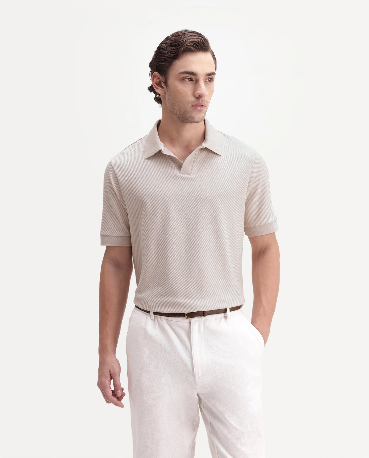 Rare Rabbit Men's Digi-A26 Pastel Orange Cotton Blend Johnny Collar Regular Jacquard Polo