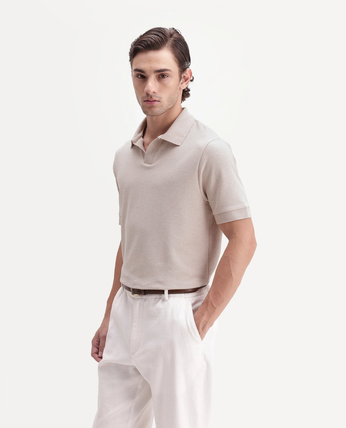 Rare Rabbit Men's Digi-A26 Pastel Orange Cotton Blend Johnny Collar Regular Jacquard Polo