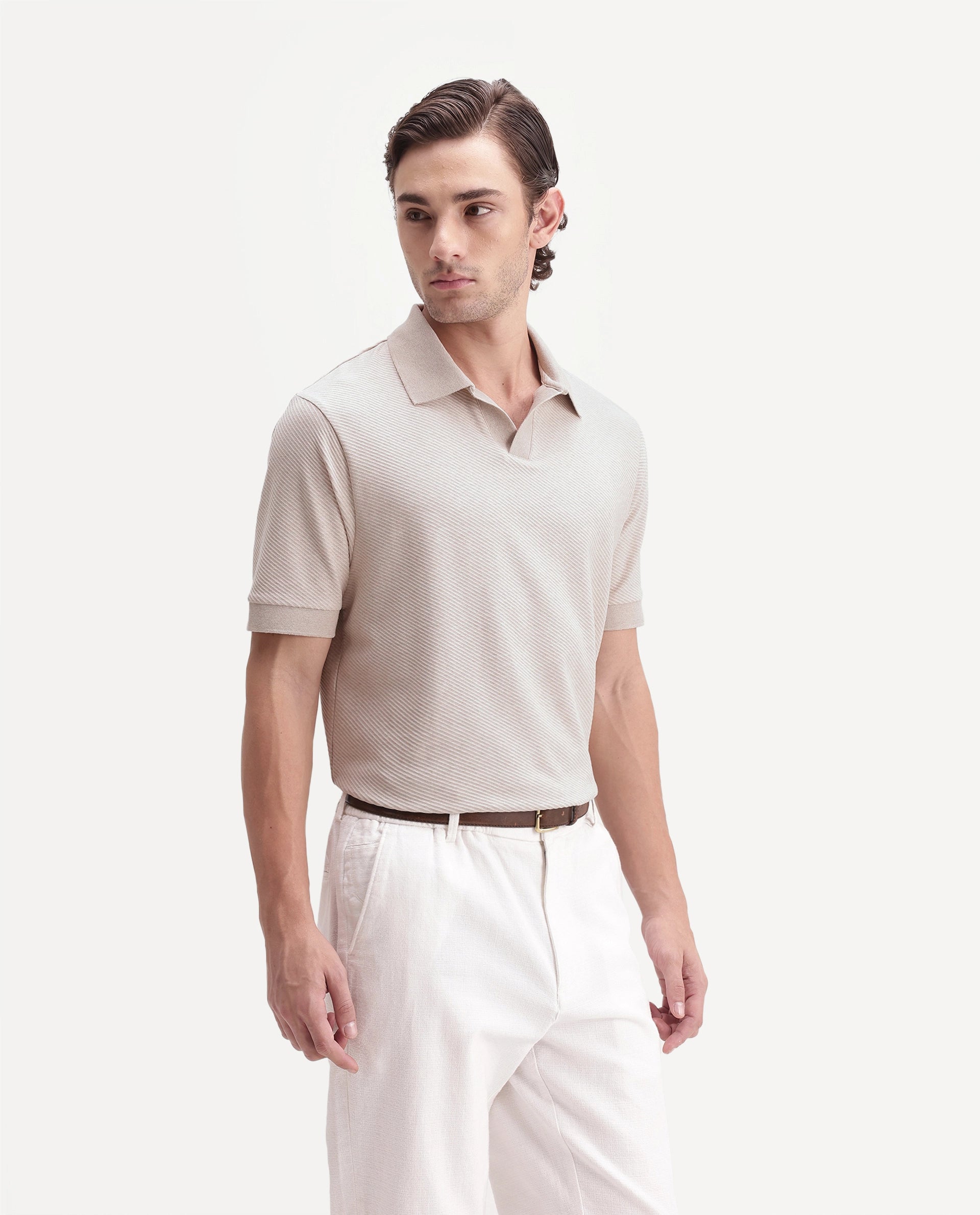 Rare Rabbit Men's Digi-A26 Pastel Orange Cotton Blend Johnny Collar Regular Jacquard Polo
