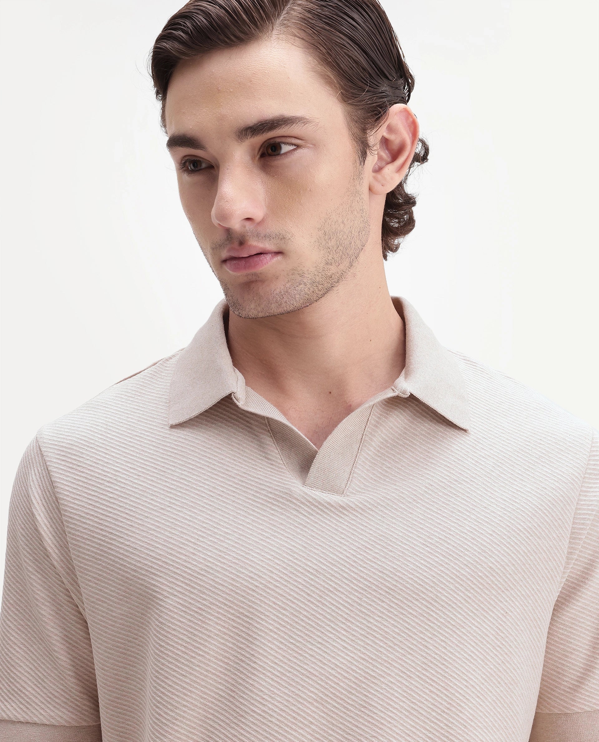 Rare Rabbit Men's Digi-A26 Pastel Orange Cotton Blend Johnny Collar Regular Jacquard Polo