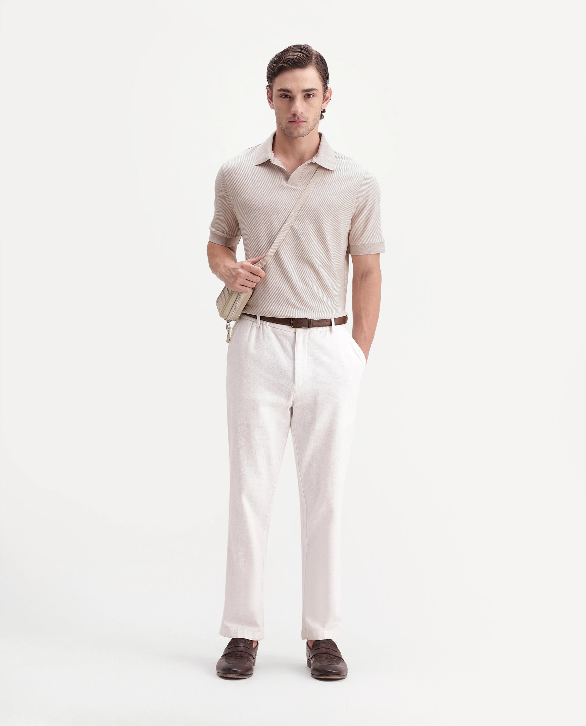 Rare Rabbit Men's Digi-A26 Pastel Orange Cotton Blend Johnny Collar Regular Jacquard Polo