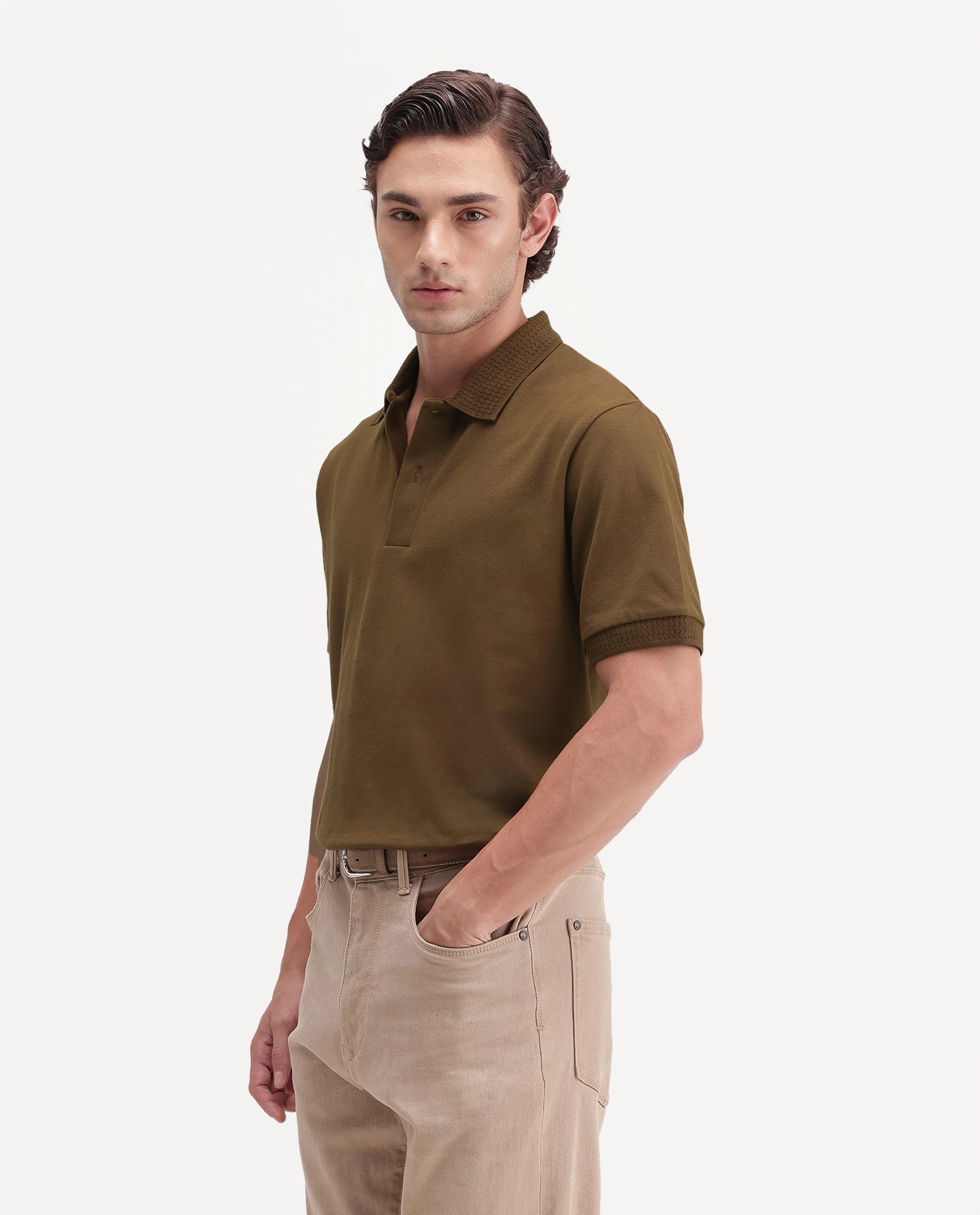 Rare Rabbit Men's Braf-A26 Mustard Cotton Blend Spread Collar Regular Plain Polo