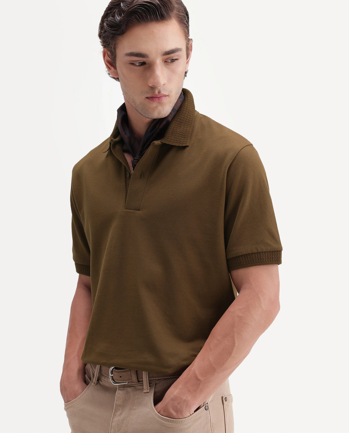 Rare Rabbit Men's Braf-A26 Mustard Cotton Blend Spread Collar Regular Plain Polo