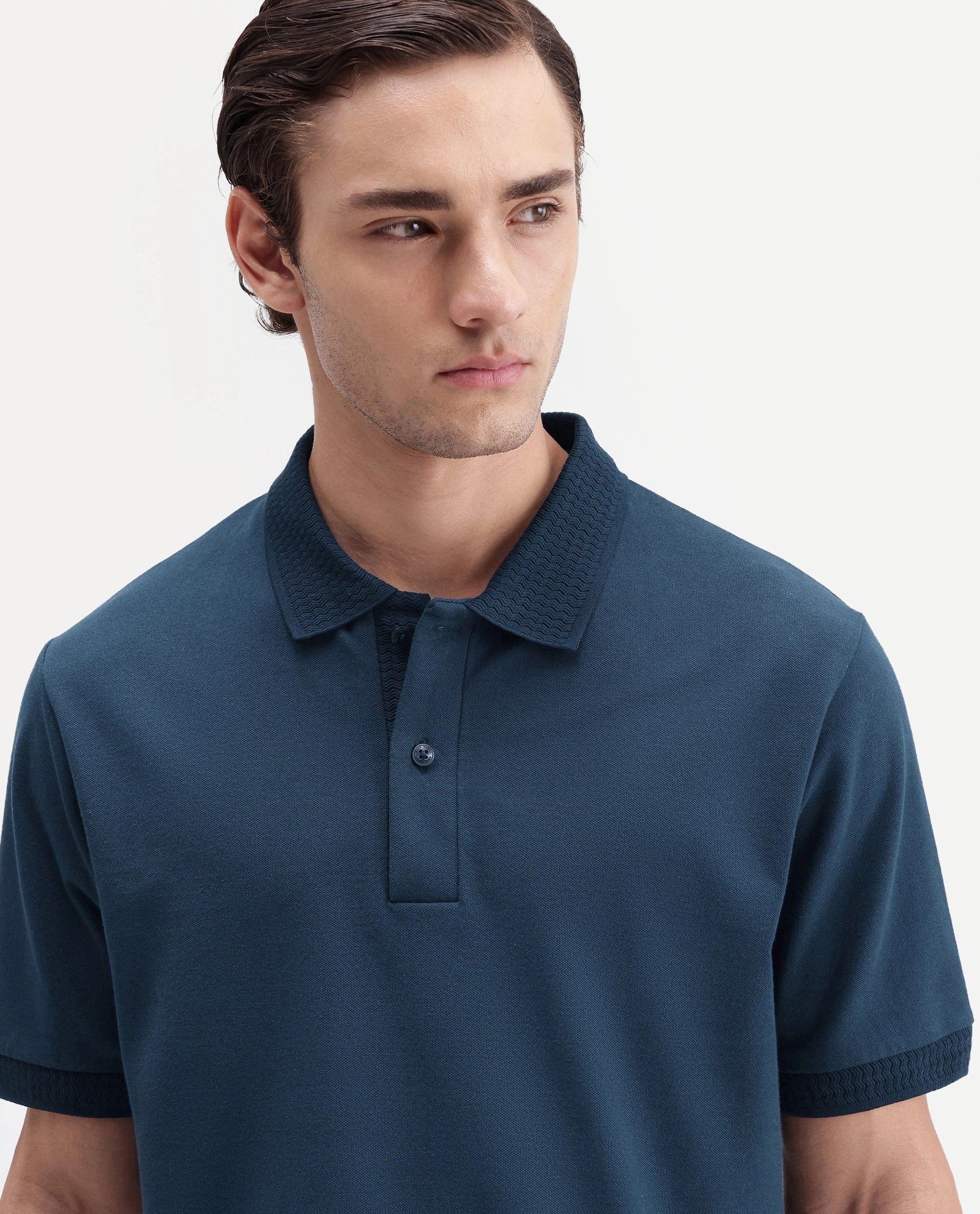 Rare Rabbit Men's Braf-A26 Navy Cotton Blend Spread Collar Regular Plain Polo