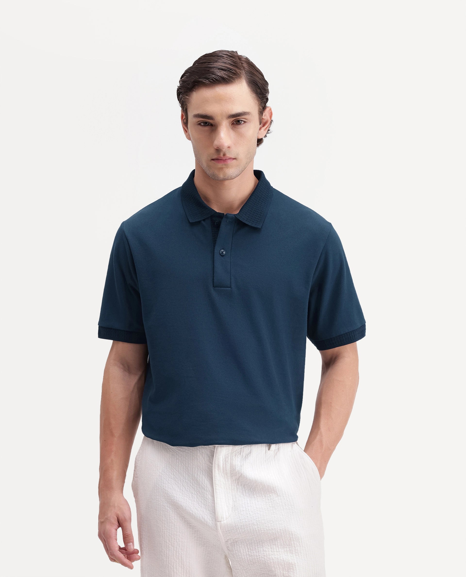 Rare Rabbit Men's Braf-A26 Navy Cotton Blend Spread Collar Regular Plain Polo