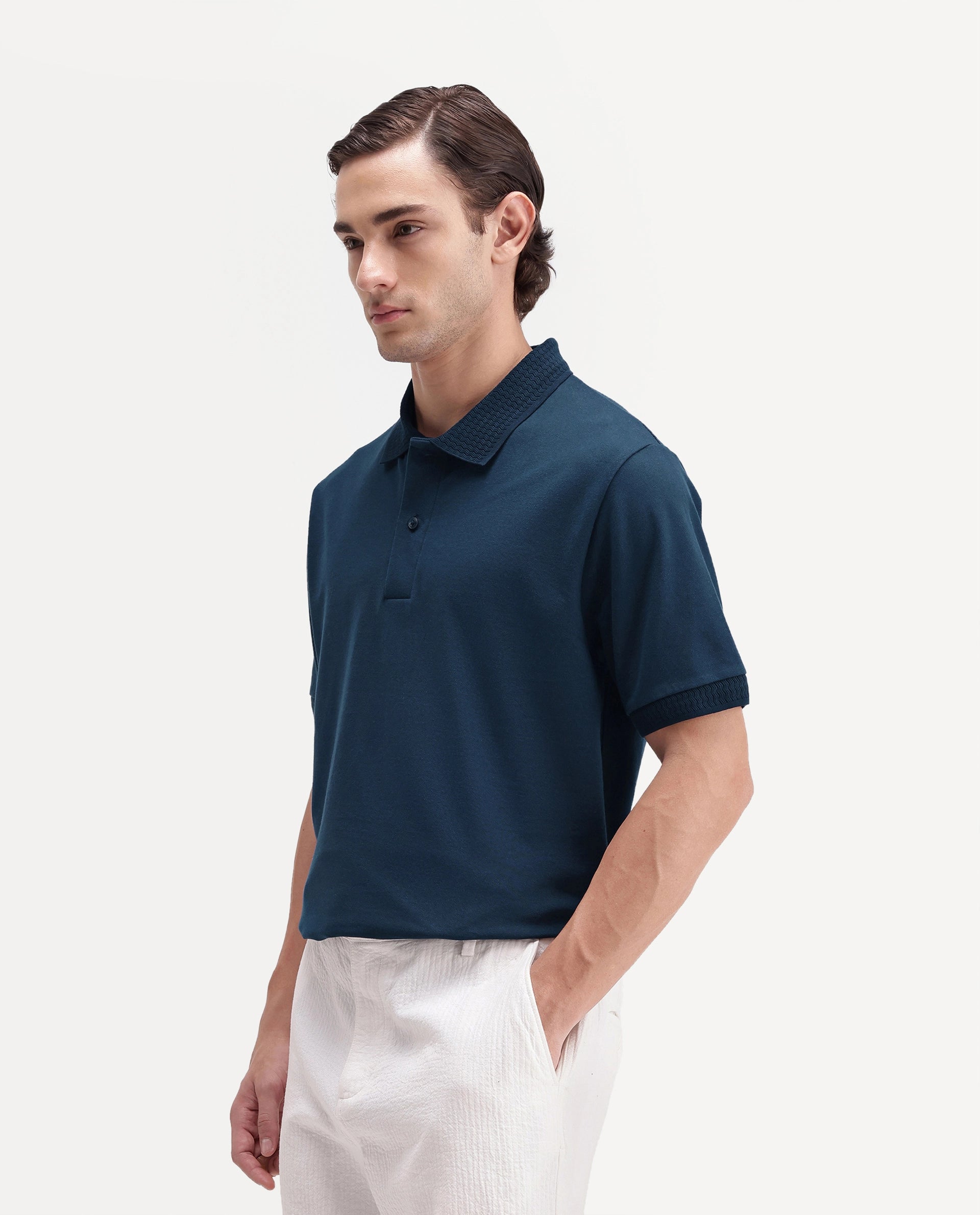 Rare Rabbit Men's Braf-A26 Navy Cotton Blend Spread Collar Regular Plain Polo