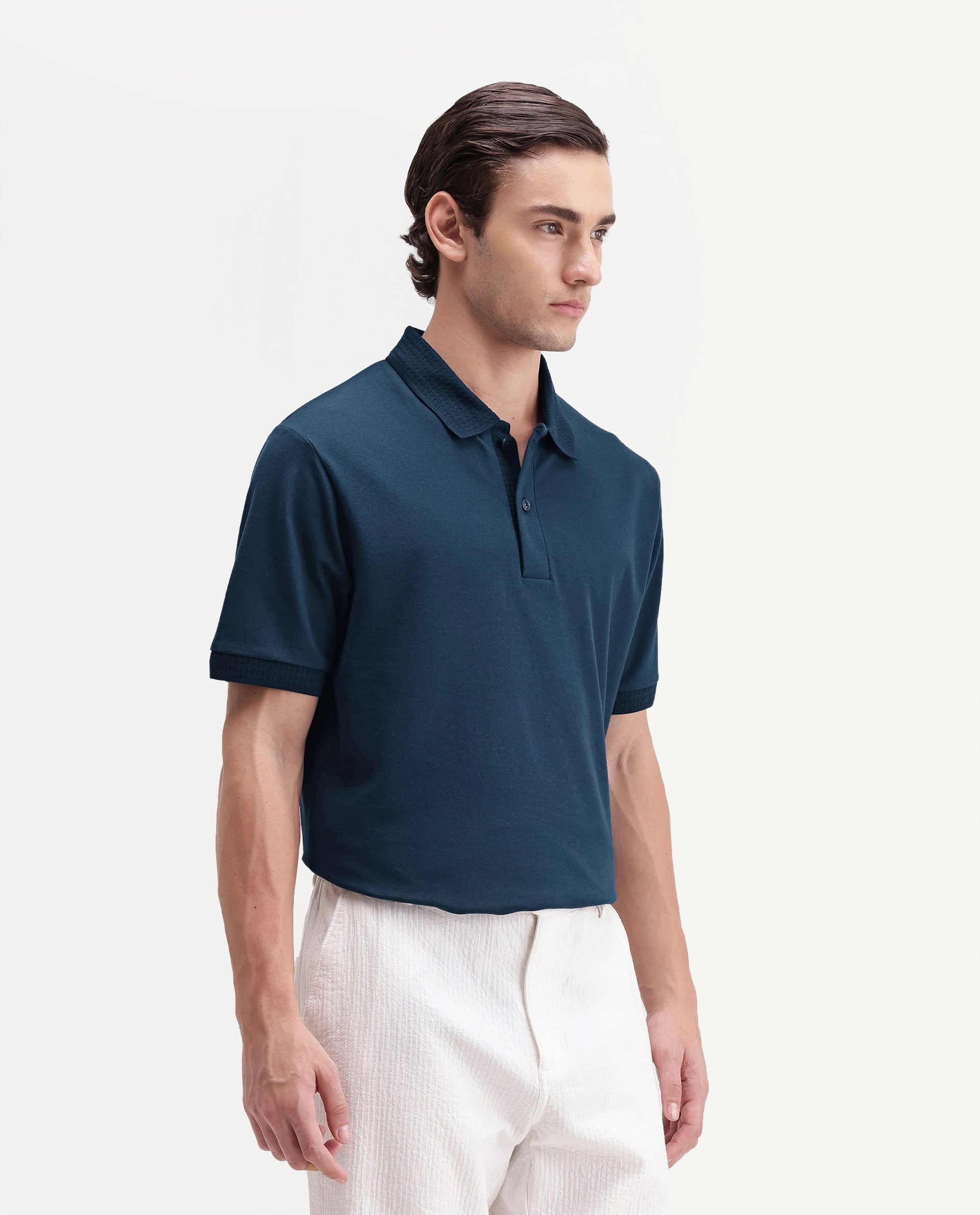 Rare Rabbit Men's Braf-A26 Navy Cotton Blend Spread Collar Regular Plain Polo