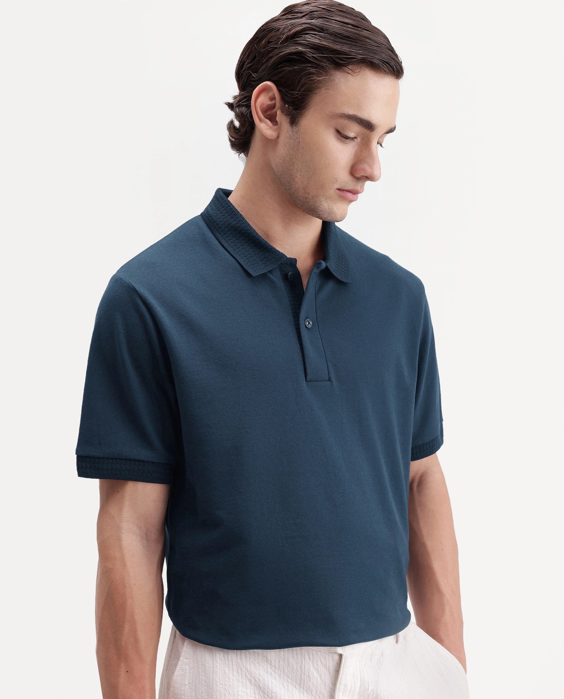 Rare Rabbit Men's Braf-A26 Navy Cotton Blend Spread Collar Regular Plain Polo