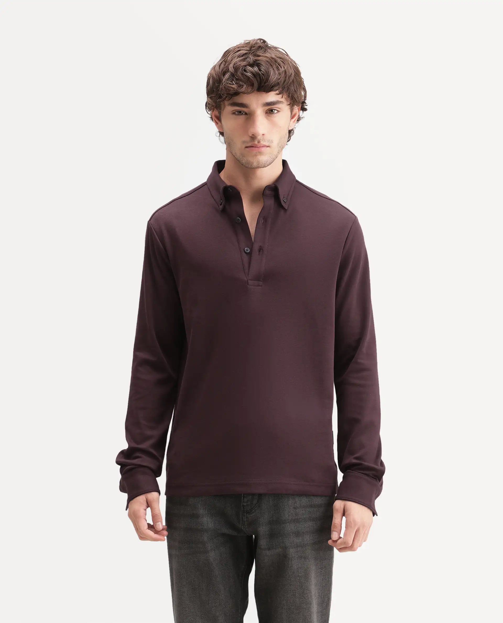 Rare Rabbit Men's Rint-A26 Dark Red Cotton Blend Button down Collar Regular Plain Polo