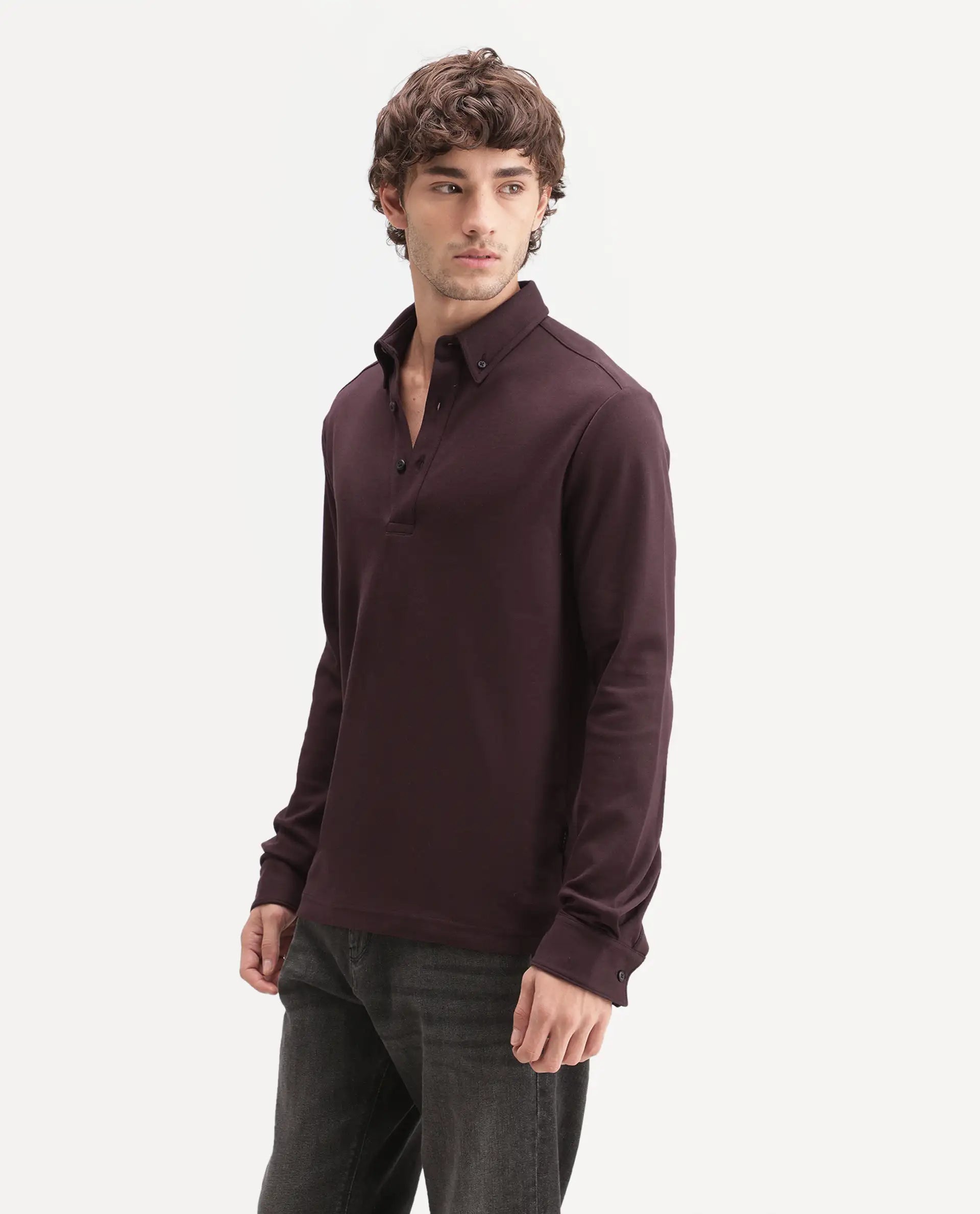 Rare Rabbit Men's Rint-A26 Dark Red Cotton Blend Button down Collar Regular Plain Polo