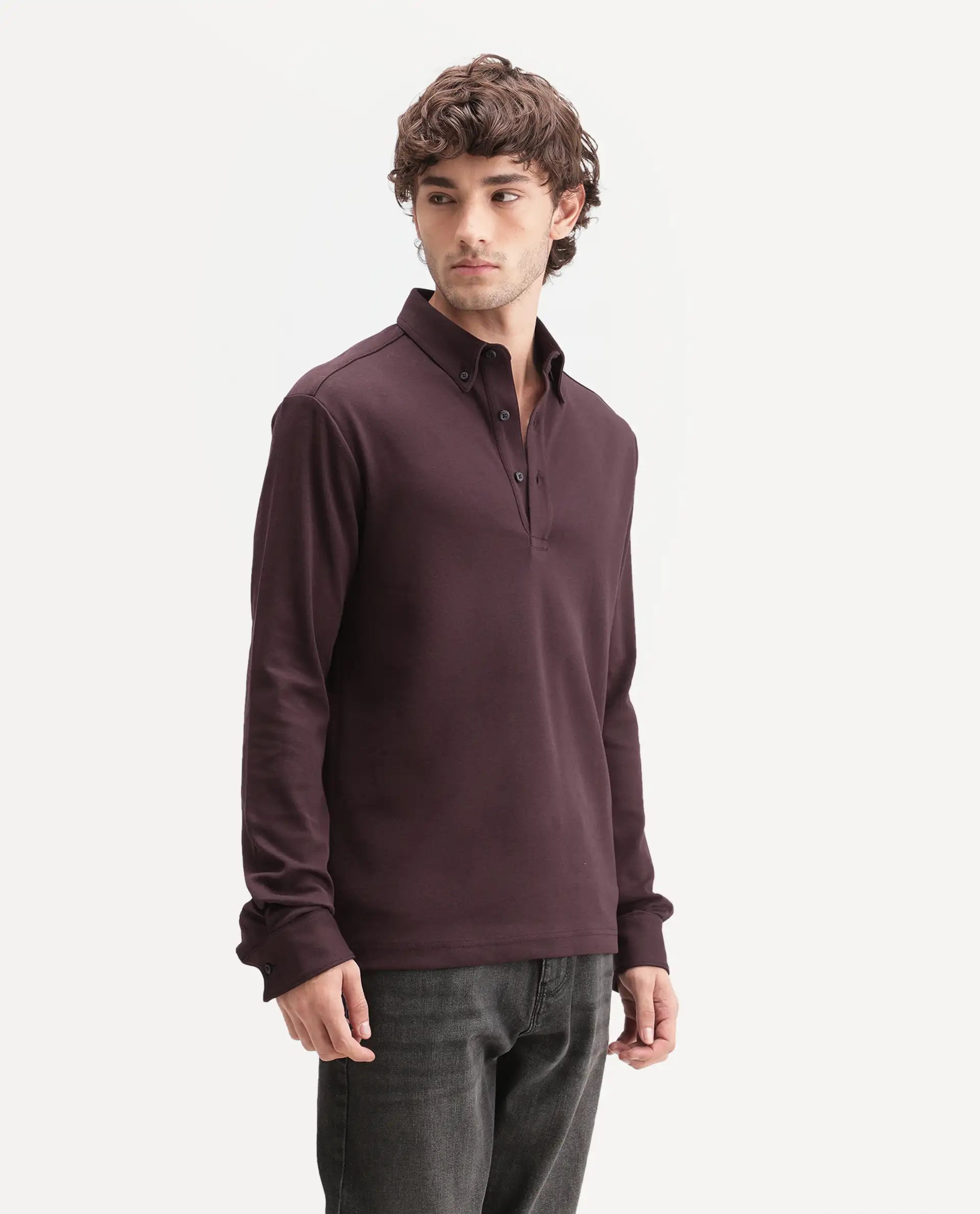 Rare Rabbit Men's Rint-A26 Dark Red Cotton Blend Button down Collar Regular Plain Polo