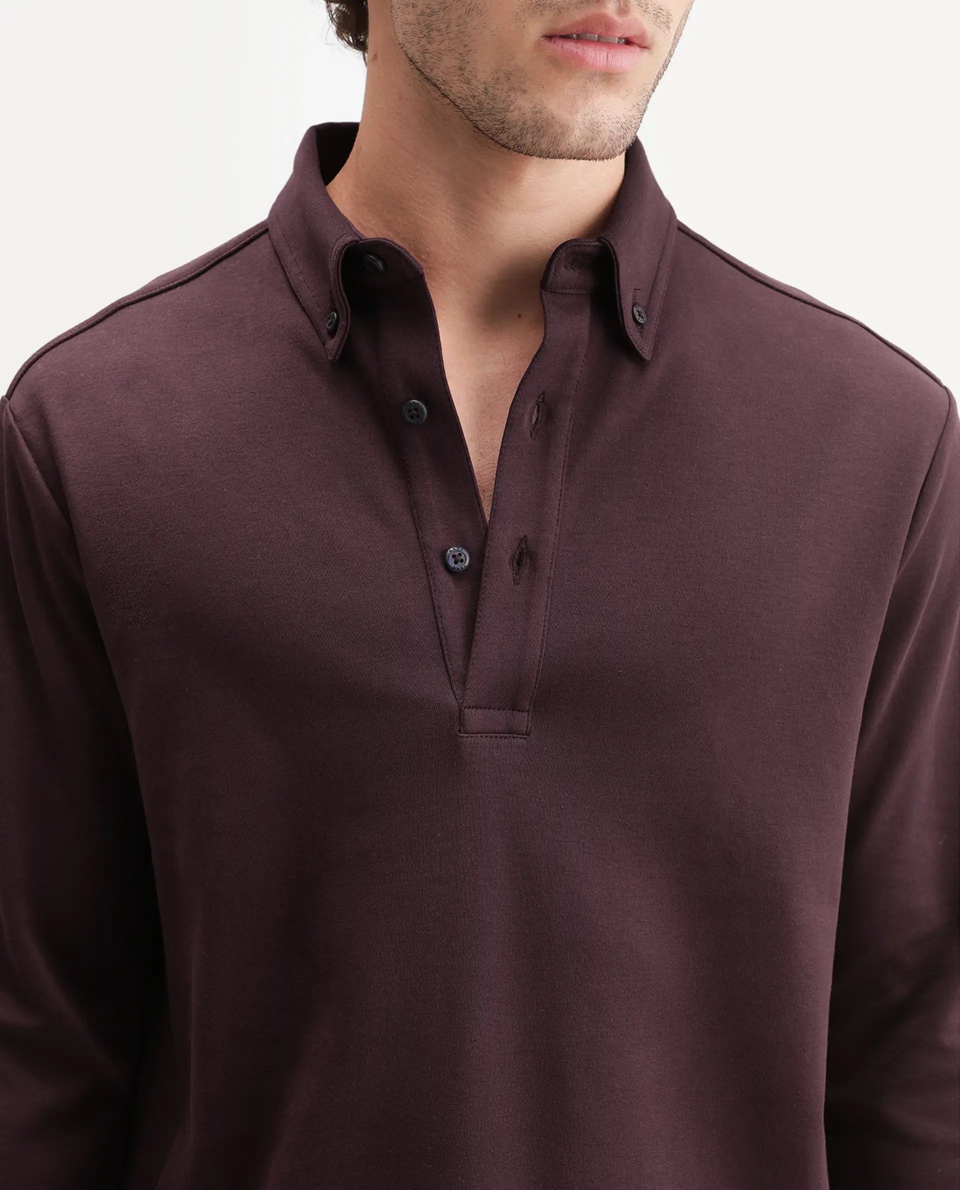 Rare Rabbit Men's Rint-A26 Dark Red Cotton Blend Button down Collar Regular Plain Polo