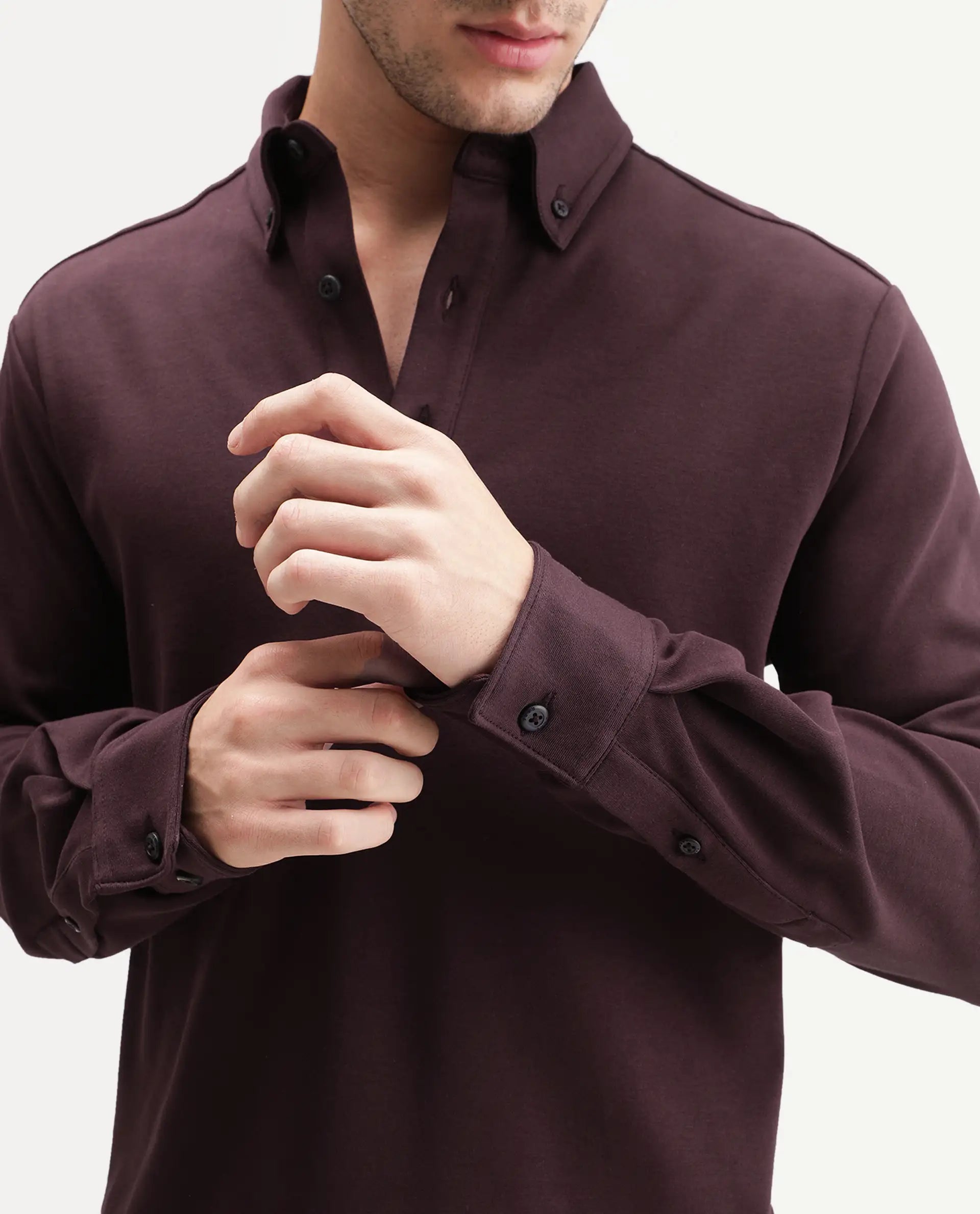Rare Rabbit Men's Rint-A26 Dark Red Cotton Blend Button down Collar Regular Plain Polo