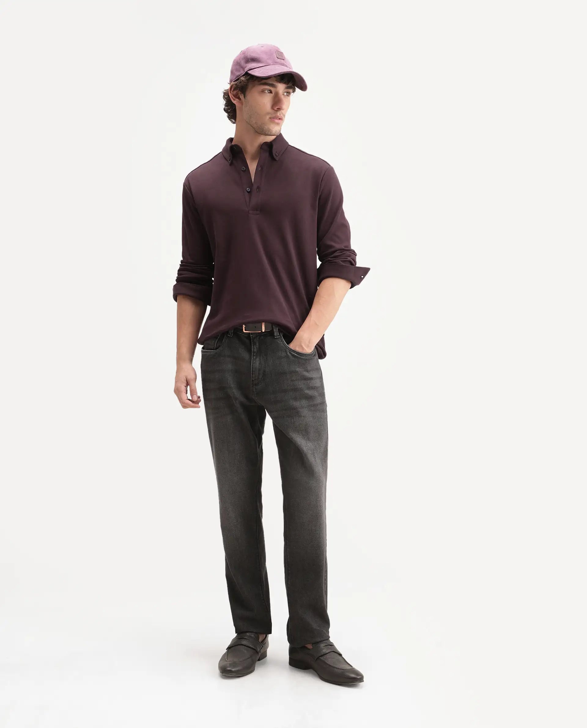 Rare Rabbit Men's Rint-A26 Dark Red Cotton Blend Button down Collar Regular Plain Polo