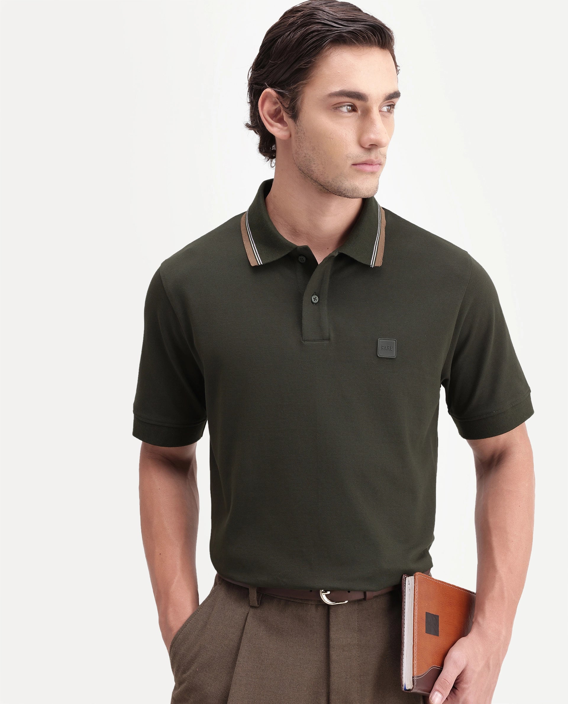 Rare Rabbit Men's Orion Olive Cotton Blend Spread Collar Regular Plain Polo