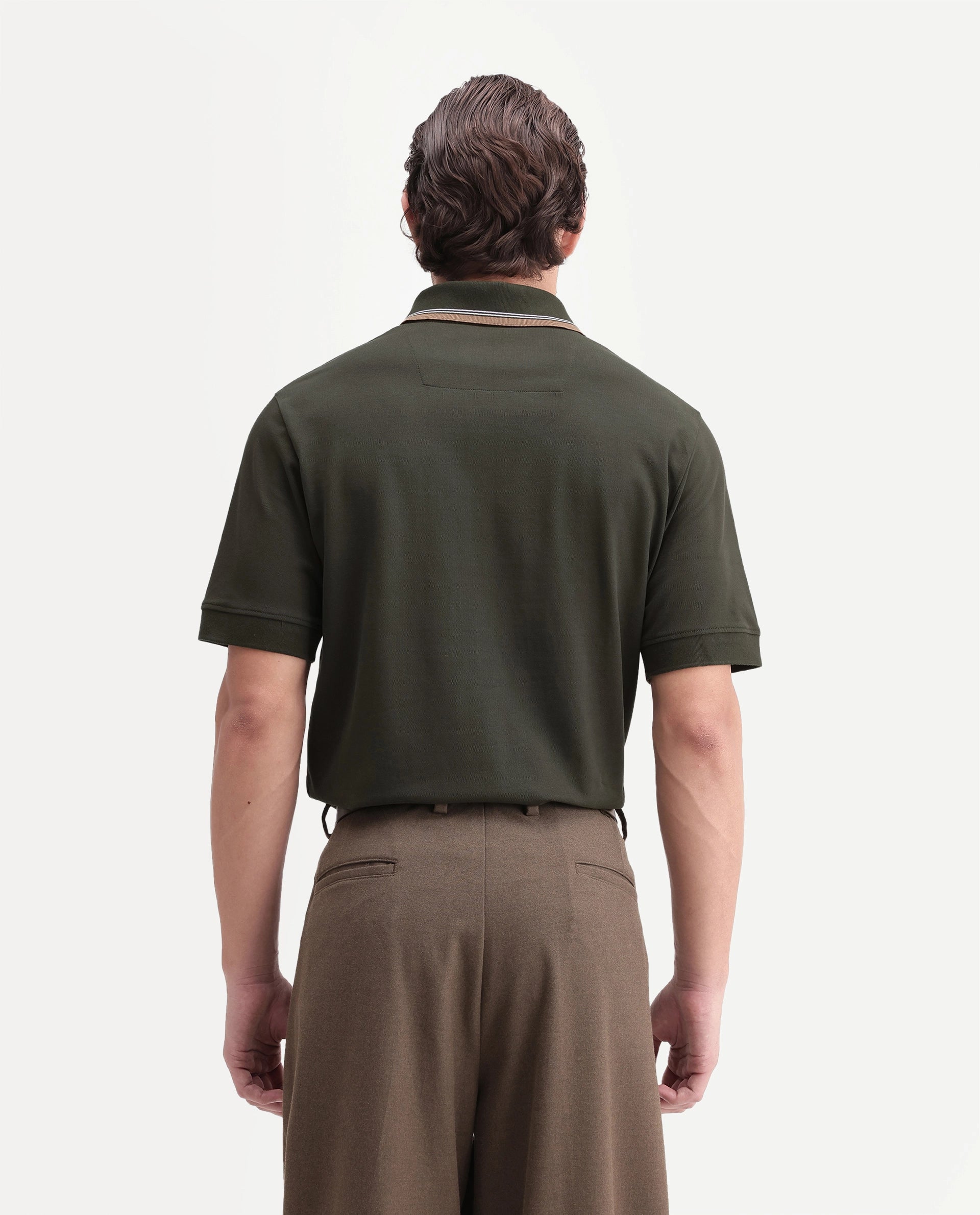 Rare Rabbit Men's Orion Olive Cotton Blend Spread Collar Regular Plain Polo
