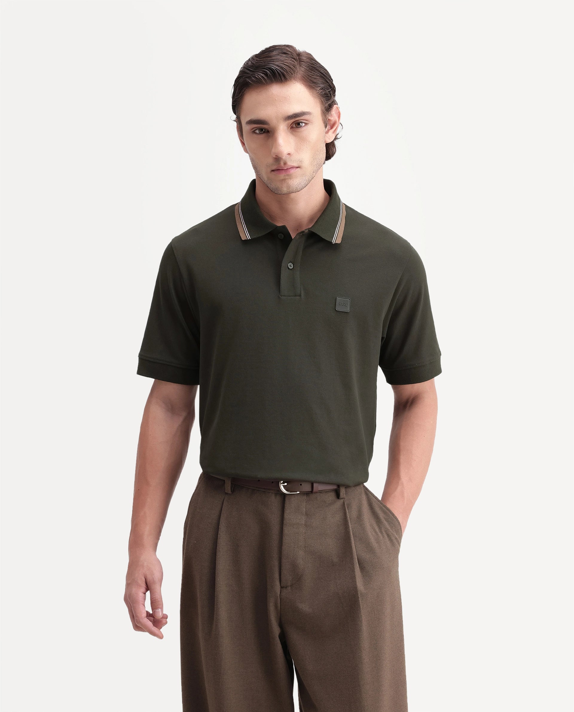 Rare Rabbit Men's Orion Olive Cotton Blend Spread Collar Regular Plain Polo
