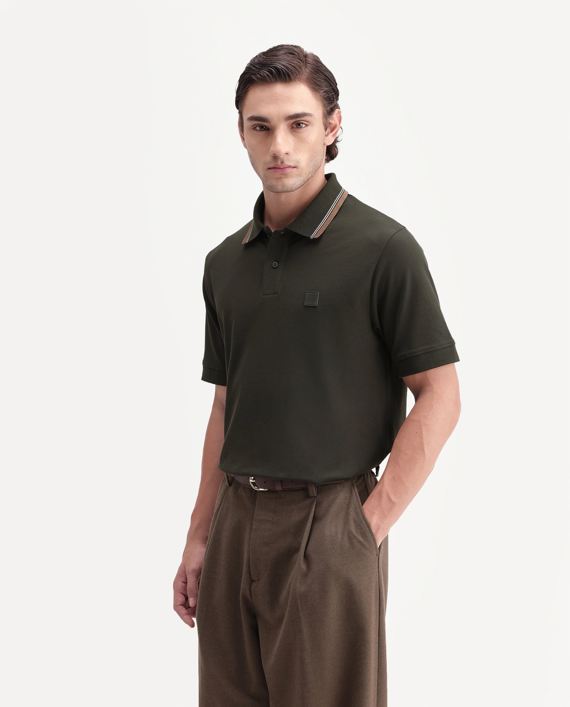 Rare Rabbit Men's Orion Olive Cotton Blend Spread Collar Regular Plain Polo
