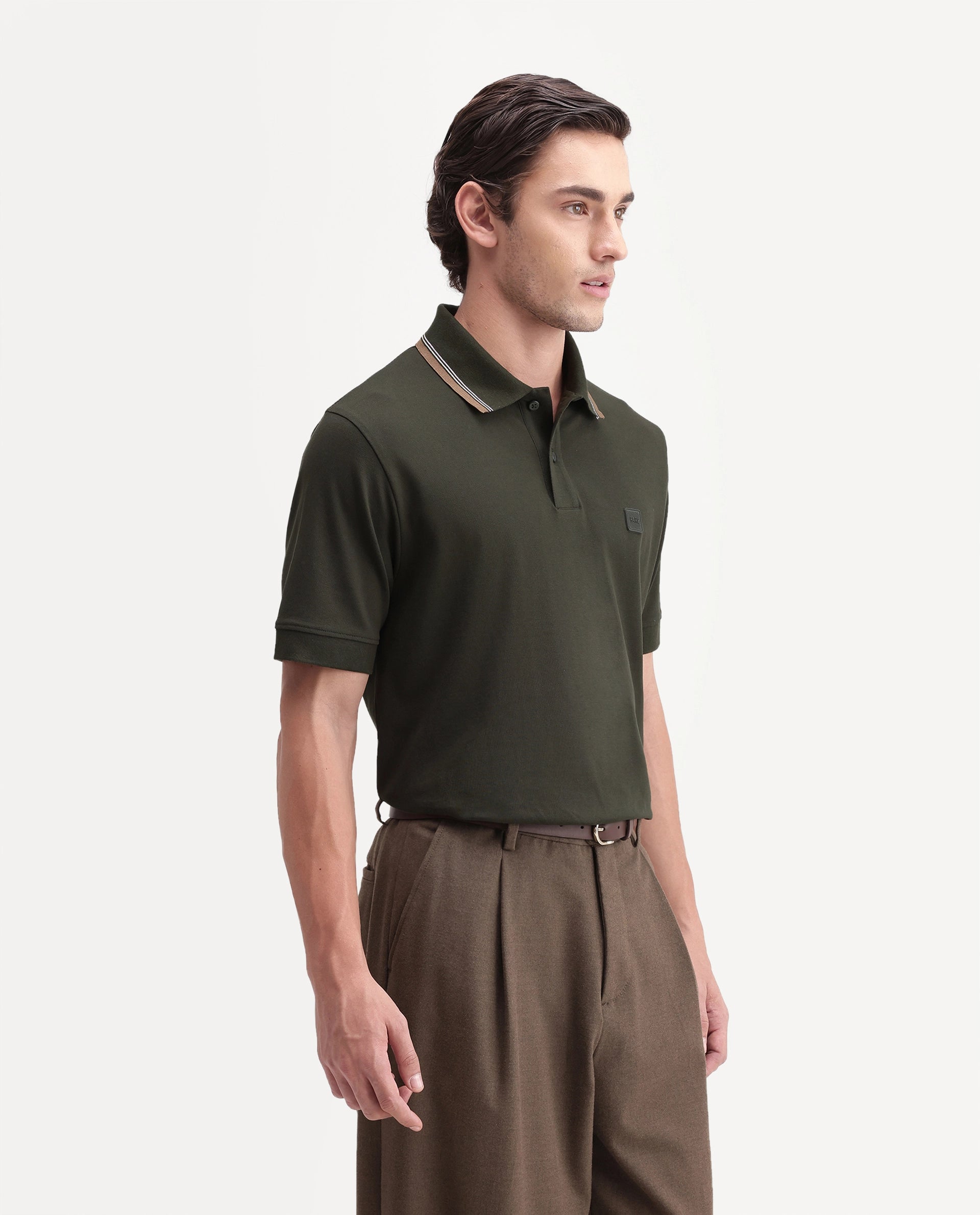 Rare Rabbit Men's Orion Olive Cotton Blend Spread Collar Regular Plain Polo