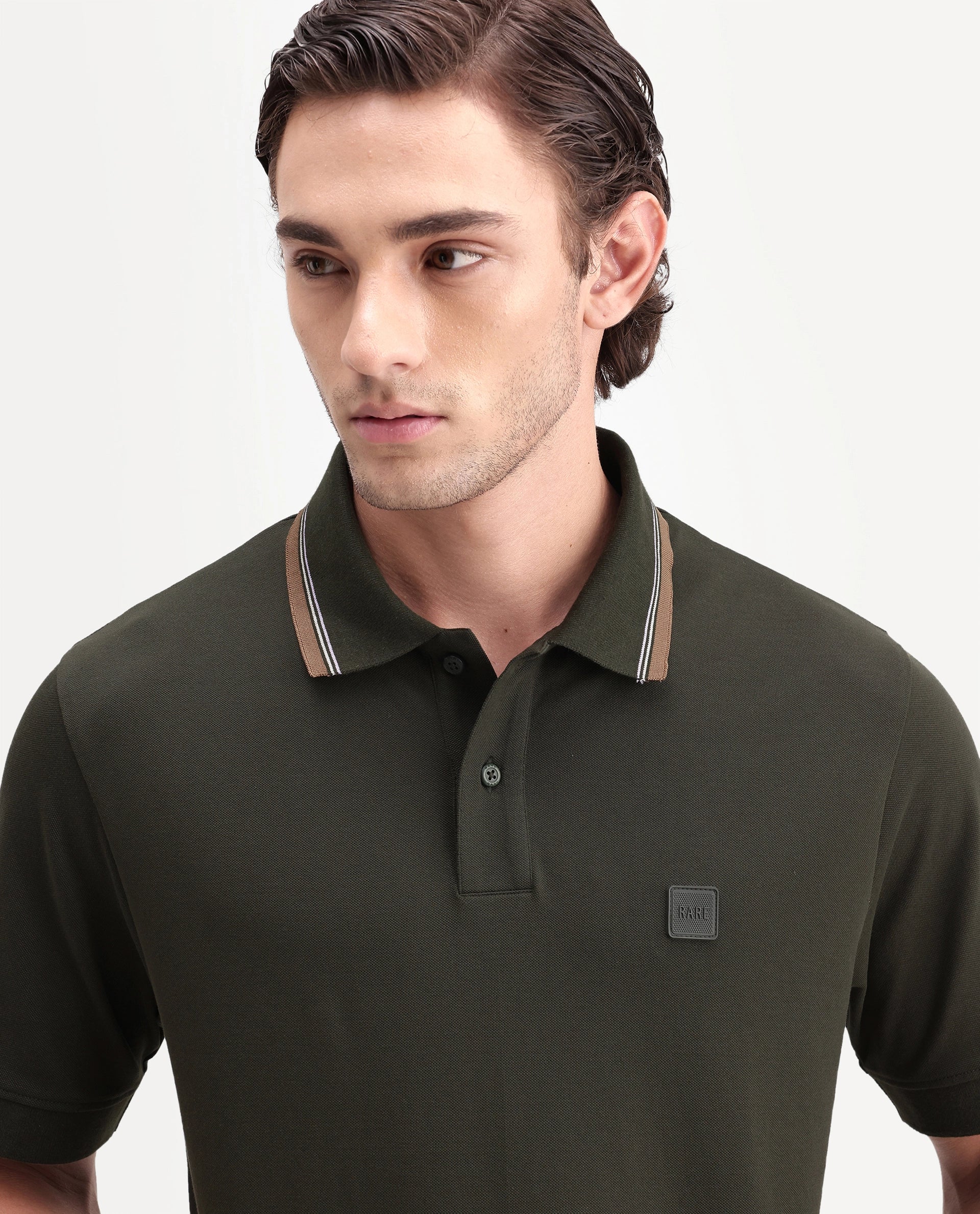 Rare Rabbit Men's Orion Olive Cotton Blend Spread Collar Regular Plain Polo