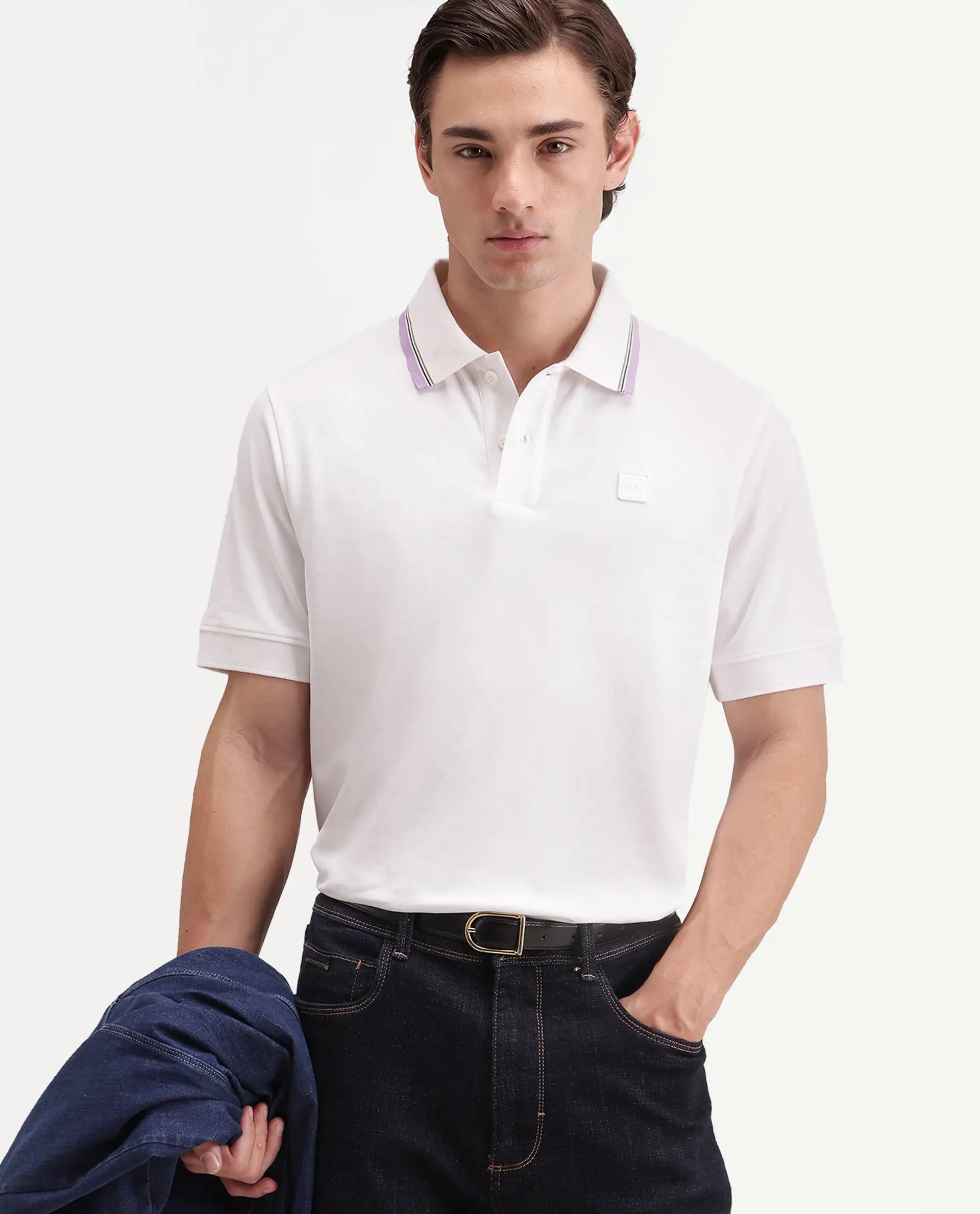 Rare Rabbit Men's Orion White Cotton Blend Spread Collar Regular Plain Polo