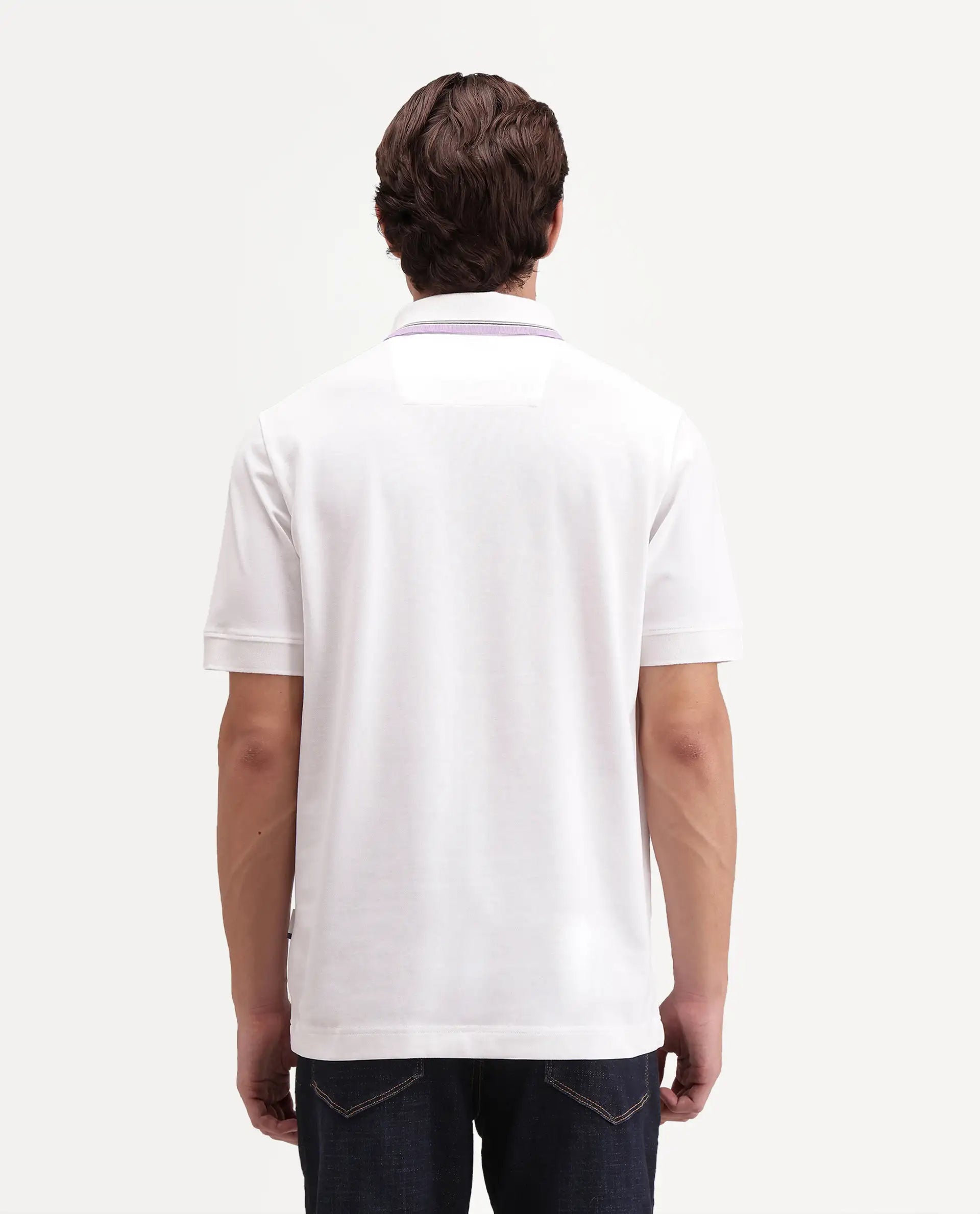 Rare Rabbit Men's Orion White Cotton Blend Spread Collar Regular Plain Polo