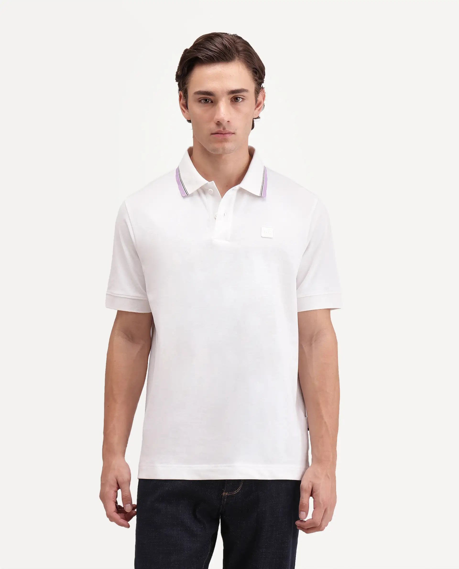 Rare Rabbit Men's Orion White Cotton Blend Spread Collar Regular Plain Polo
