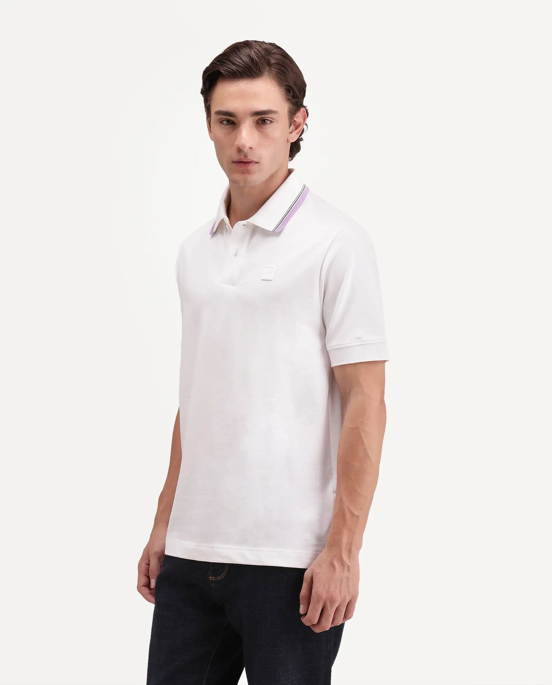 Rare Rabbit Men's Orion White Cotton Blend Spread Collar Regular Plain Polo