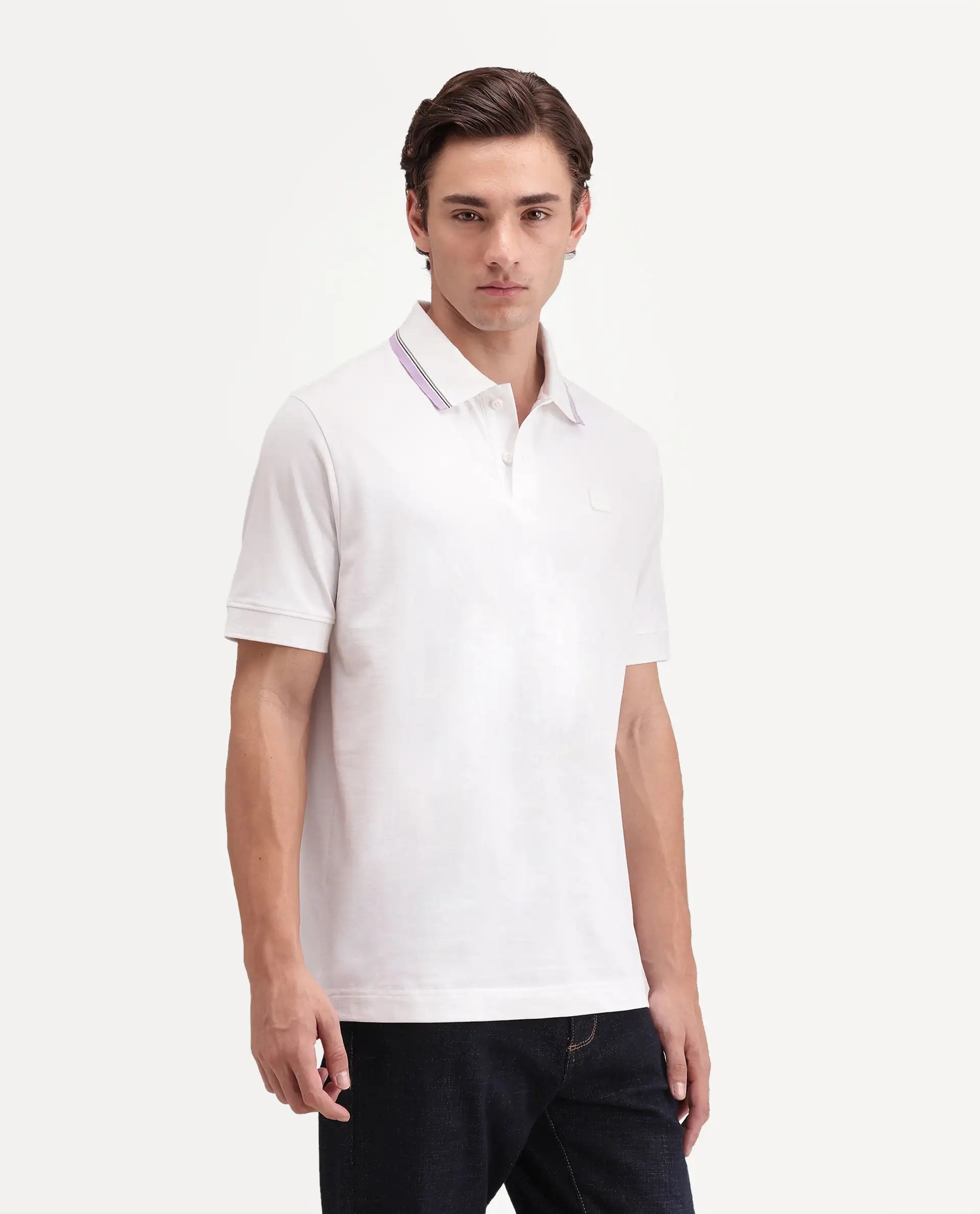 Rare Rabbit Men's Orion White Cotton Blend Spread Collar Regular Plain Polo